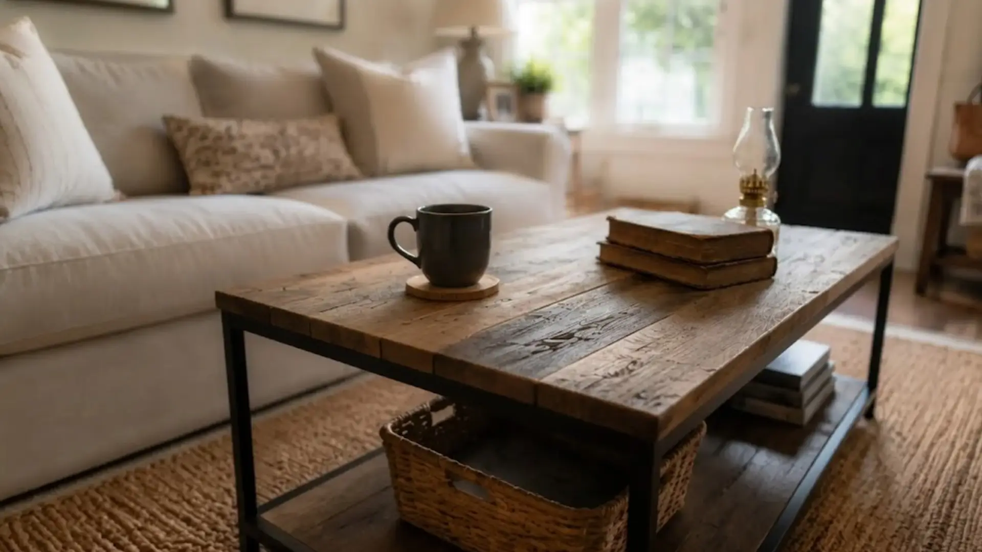 reclaimed wood coffee table with black metal frame, woven basket, books, and neutral farmhouse sofa