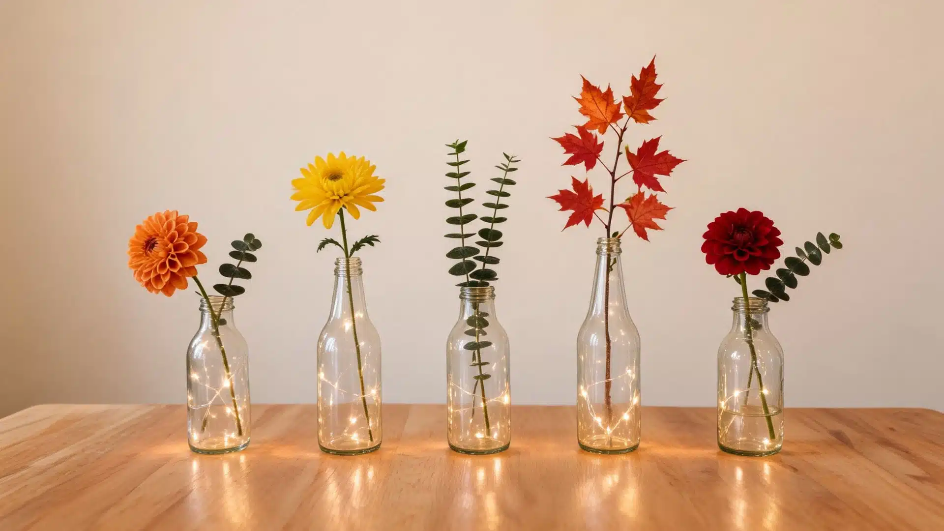 recycled bottles with fairy lights as bud vases for single stems and autumn foliage