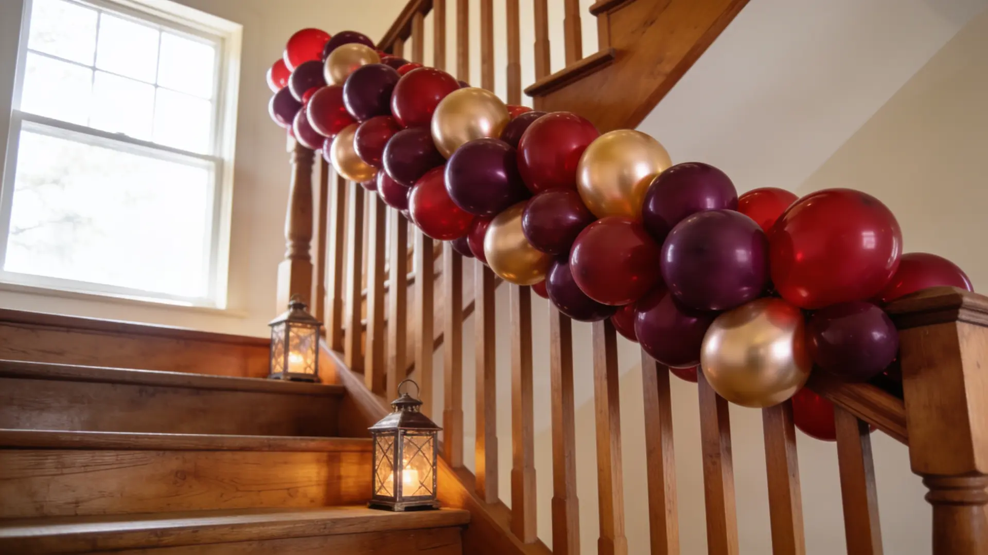 red and gold balloon garland decorating a staircase railing