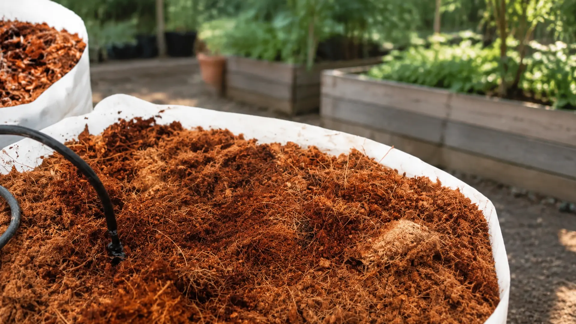 reddish-brown coconut coir in a white grow bag against a leafy garden background