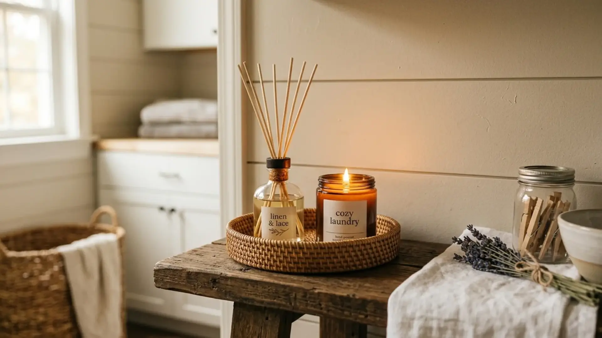 reed diffuser and candle styled in a small laundry room tray on a rustic wooden table