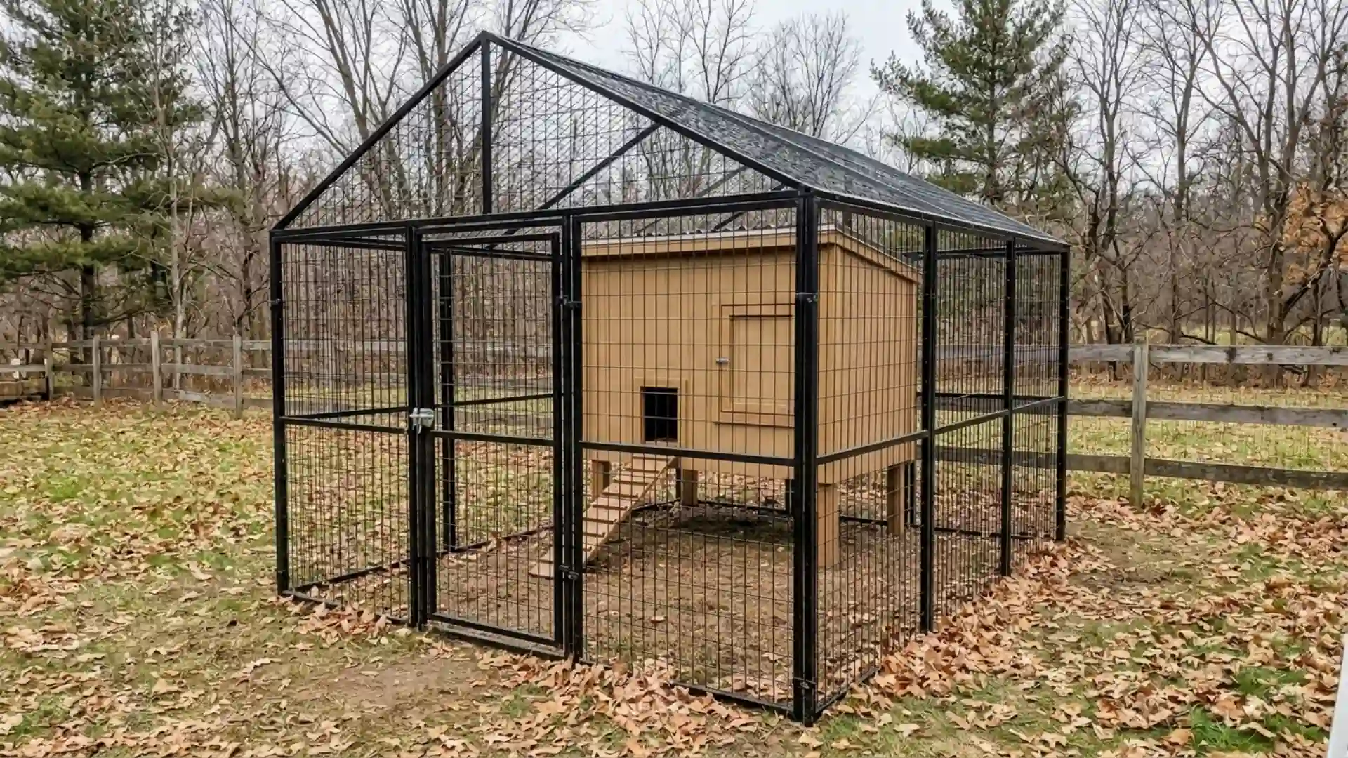 reinforced chicken coop enclosed in a metal wire run on a leaf covered lawn near a wooden fence here