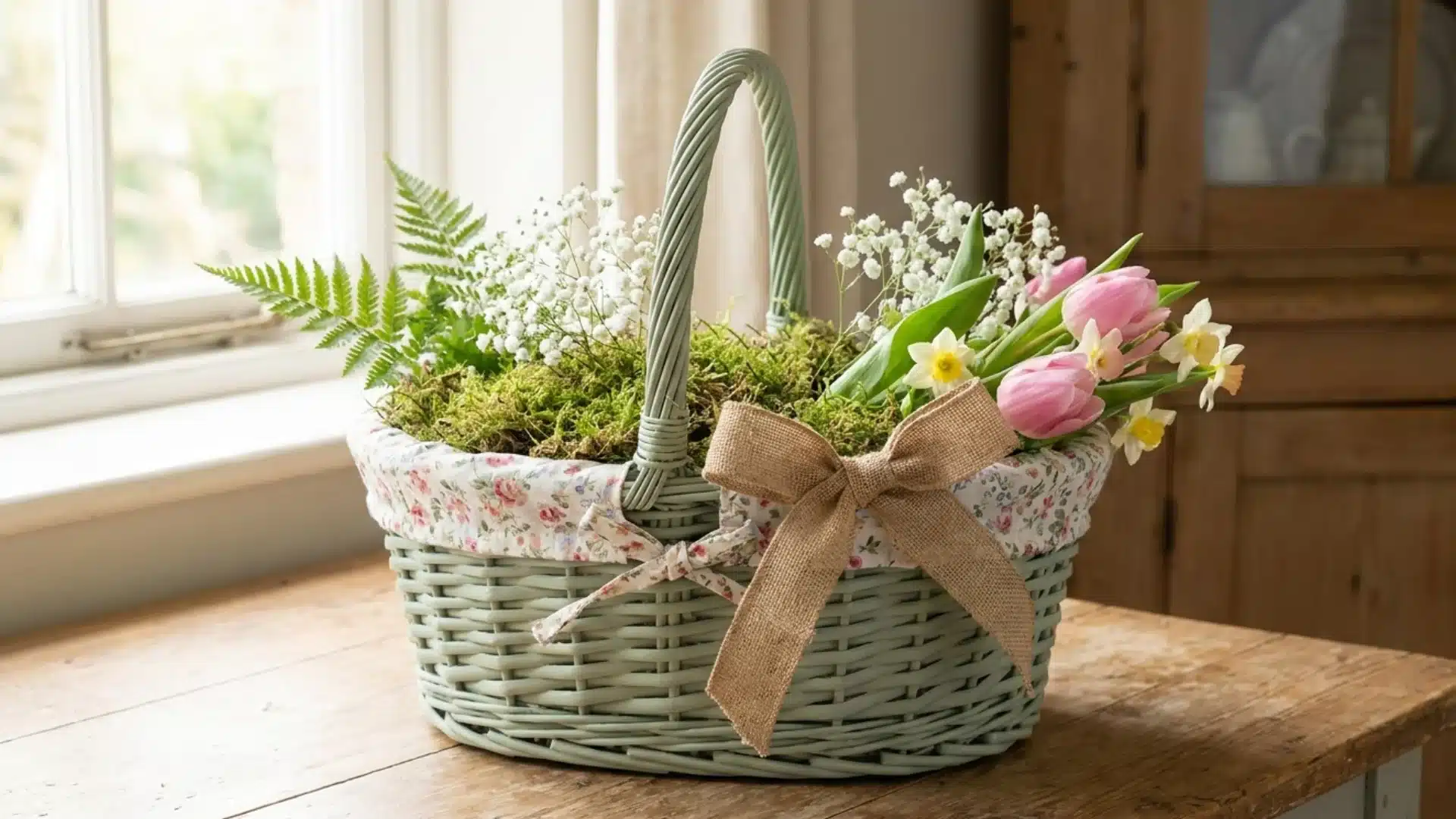 repainted upcycled basket lined with fabric and filled with flowers