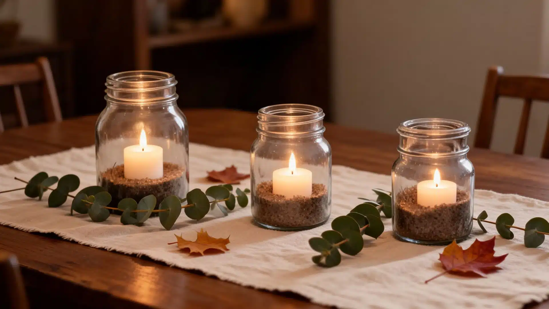 reused glass jars with sand and lit candles set among eucalyptus and autumn leaves