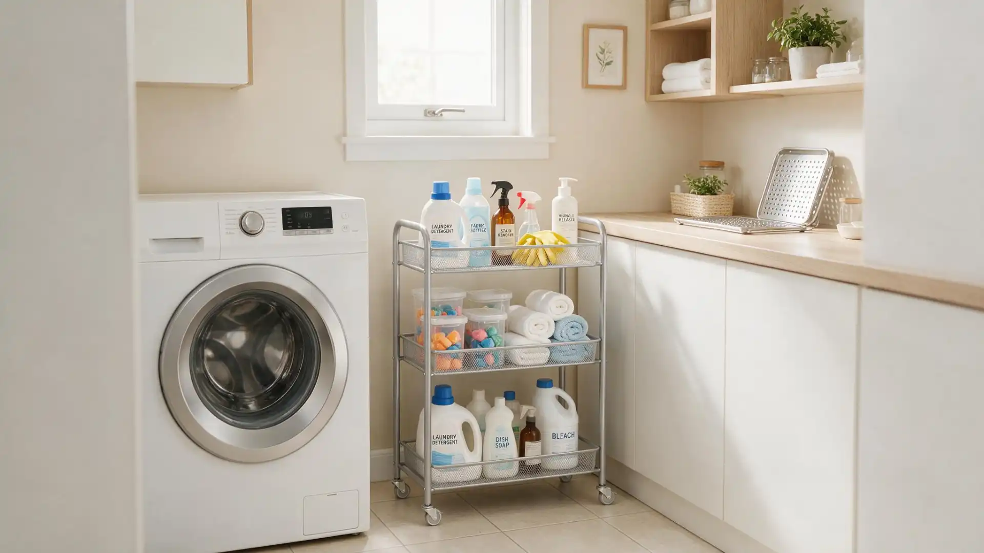 rolling cart with laundry supplies organized in bins beside a front load washing machine