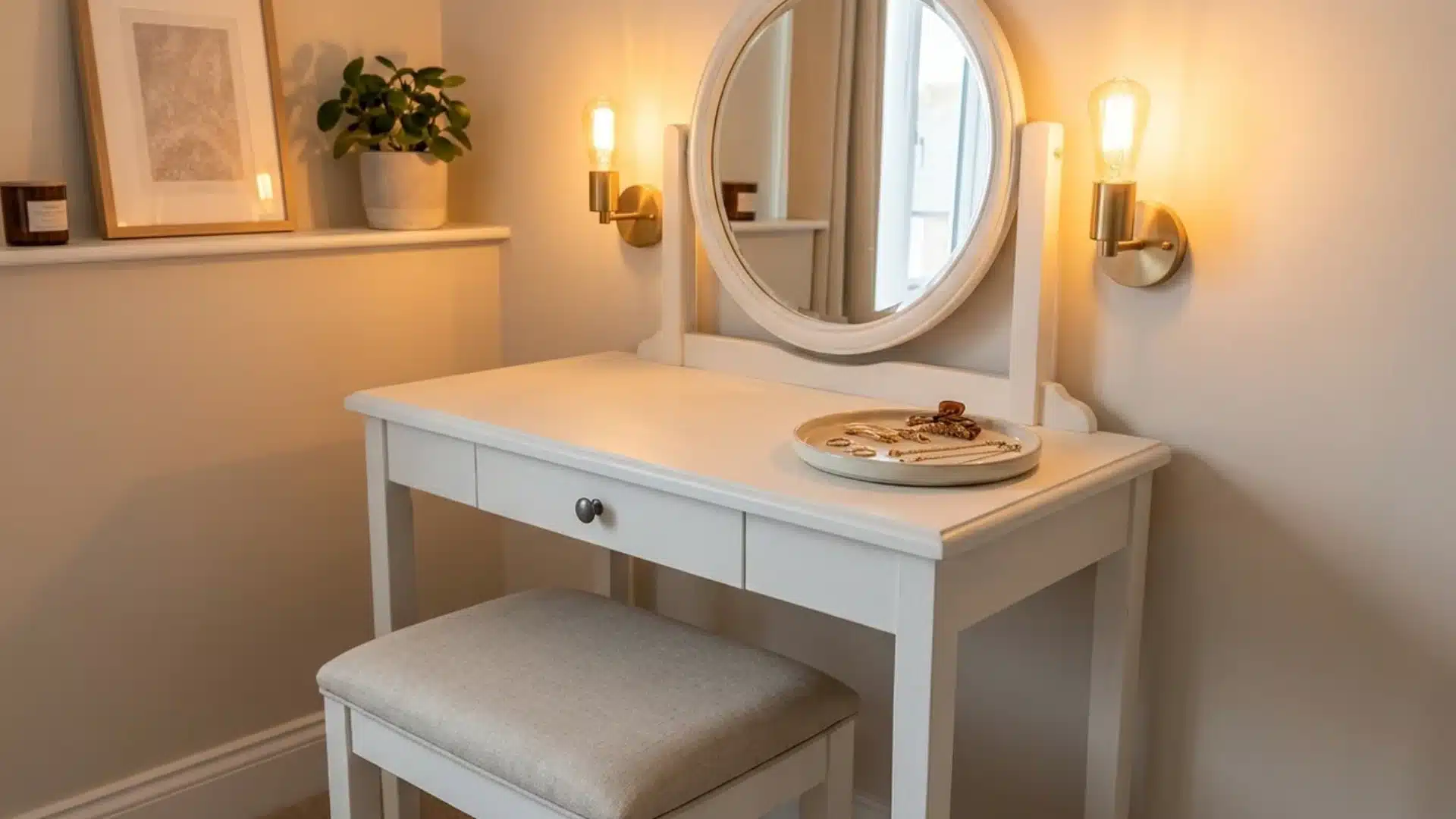 round mirror and jewelry tray set on a white vanity table with a cushioned stool