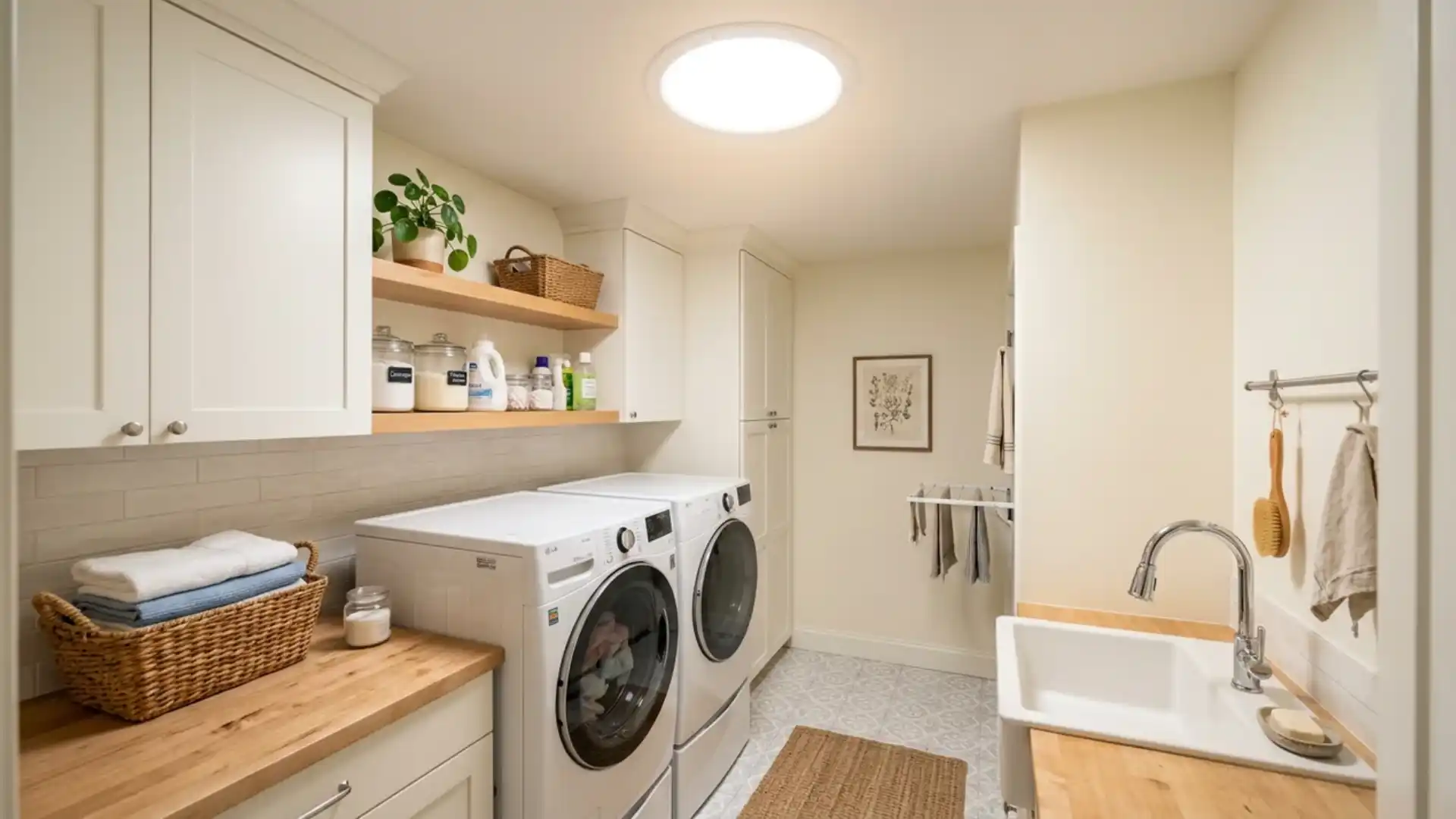 round skylight above a washer and dryer with open shelves holding jars and a woven basket