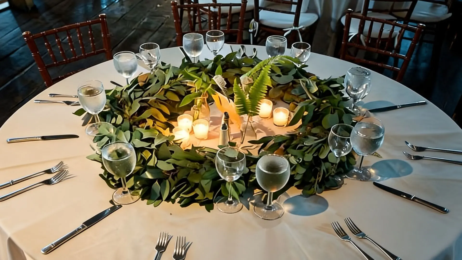 round table with a circular greenery garland centerpiece and votive candles at the center