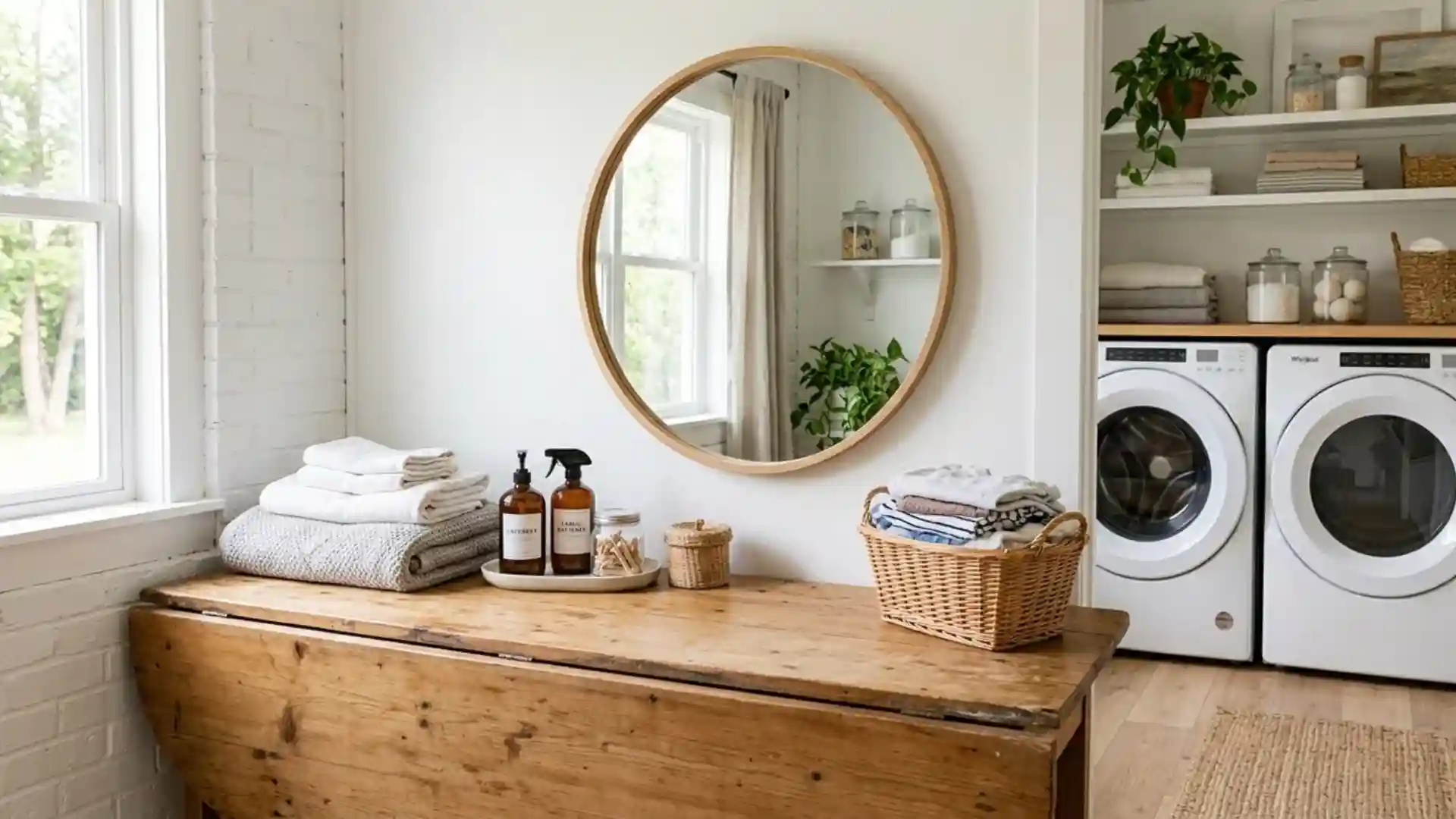 round wood framed mirror above a wood table with folded towels beside a washer and dryer
