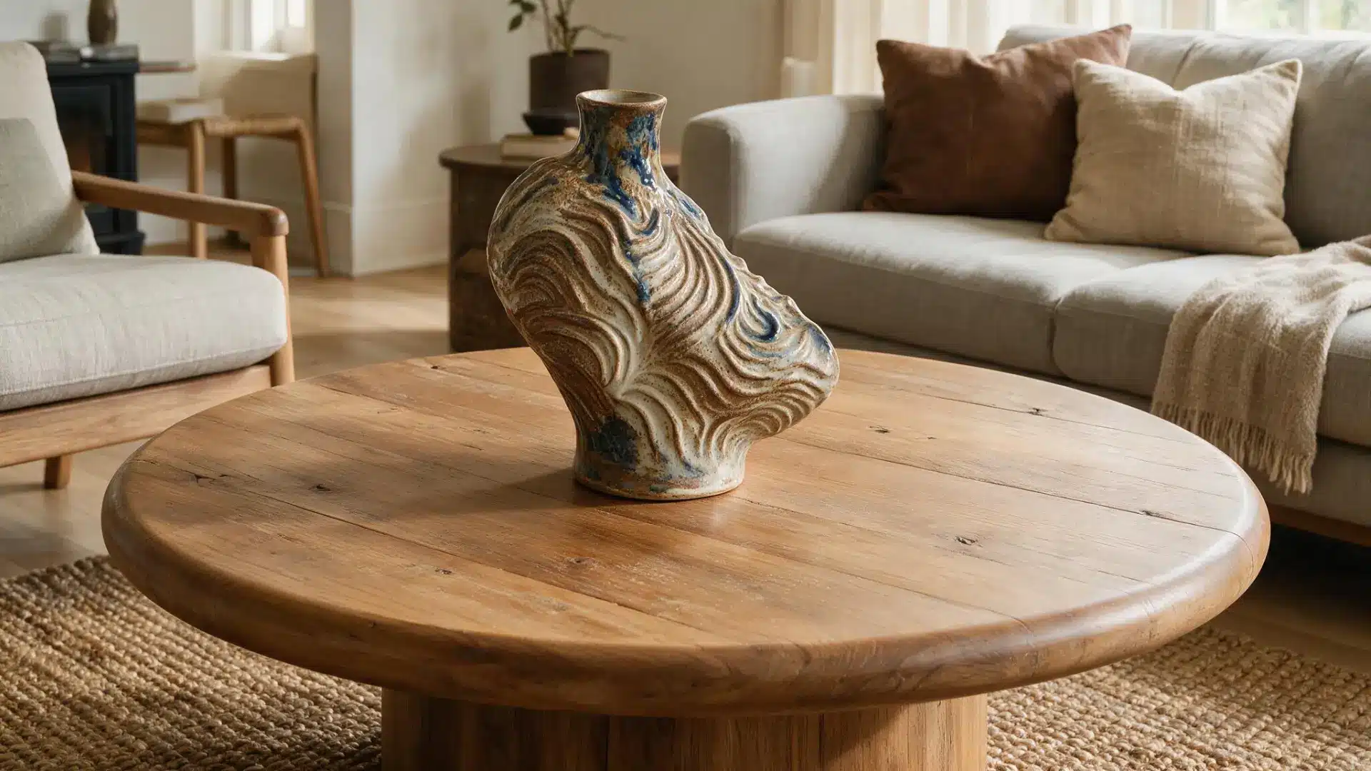 round wooden coffee table styled with a sculptural ceramic vase centerpiece
