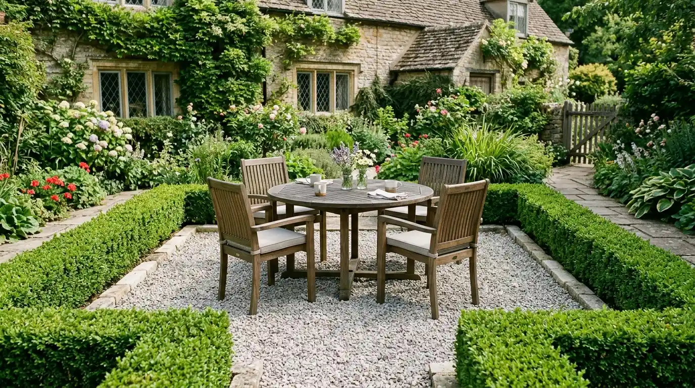 round wooden table with four chairs sits on a gravel patio in a flower-filled garden outside a stone cottage