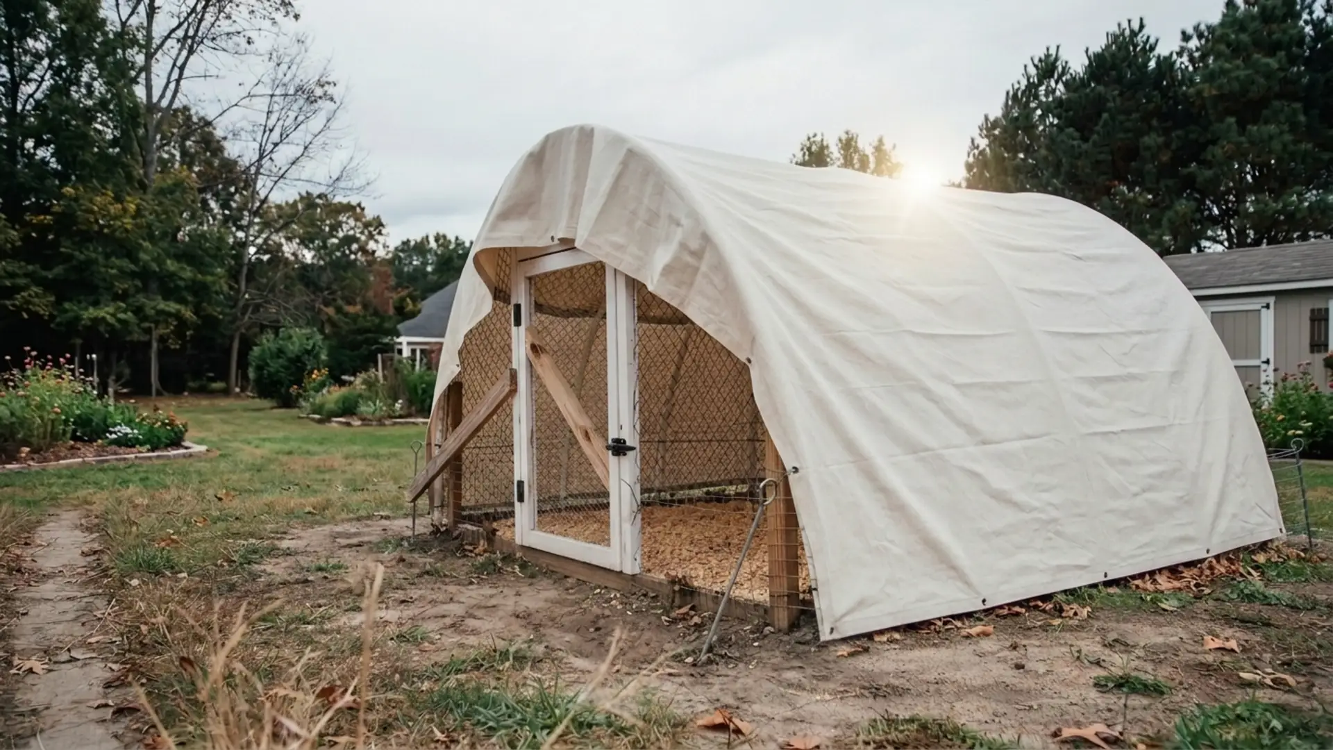 rounded hoop coop covered in canvas tarp with a wooden door standing near a garden bed backyard here