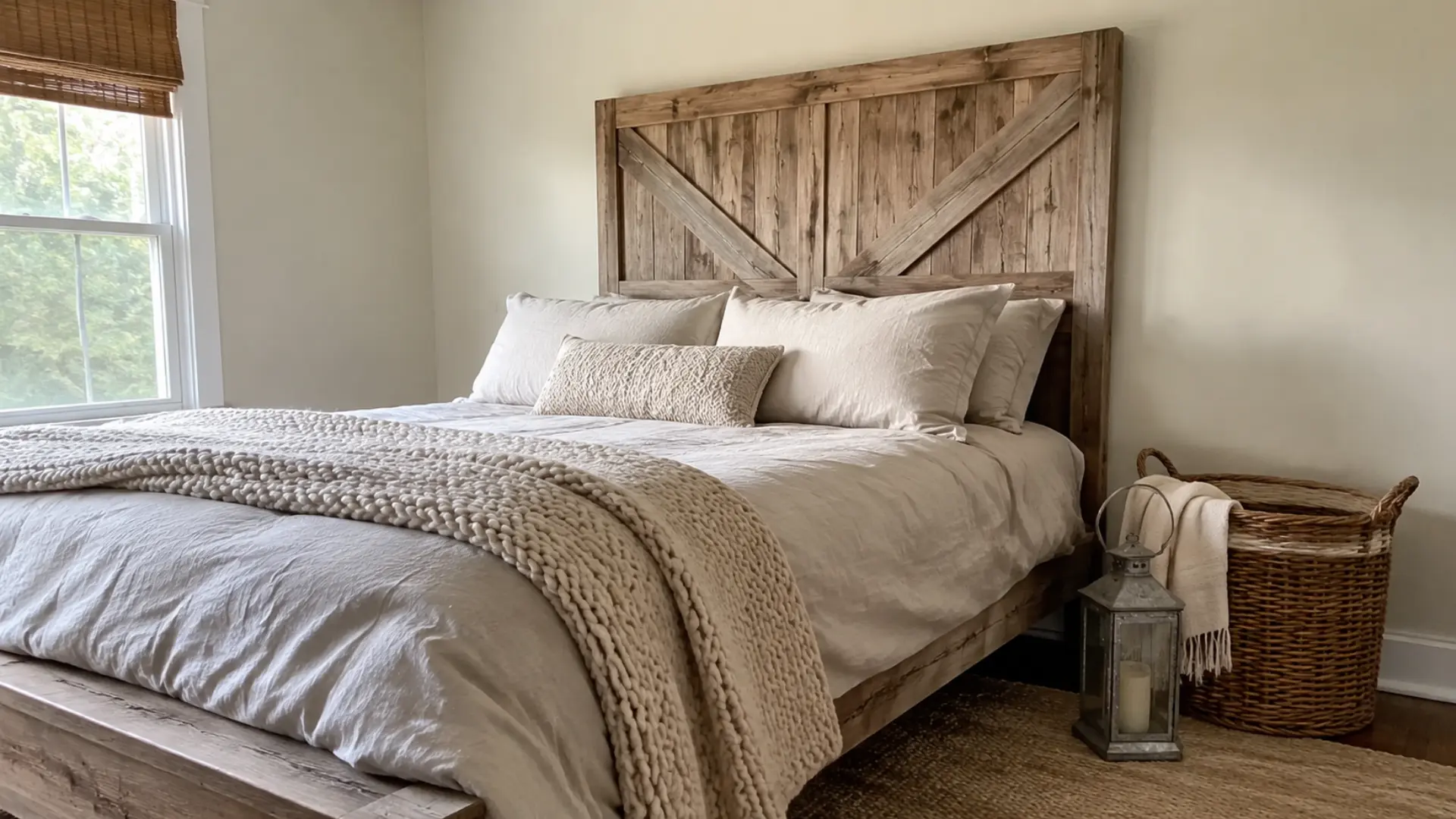 rustic farmhouse bedroom with barn wood headboard and knit throw