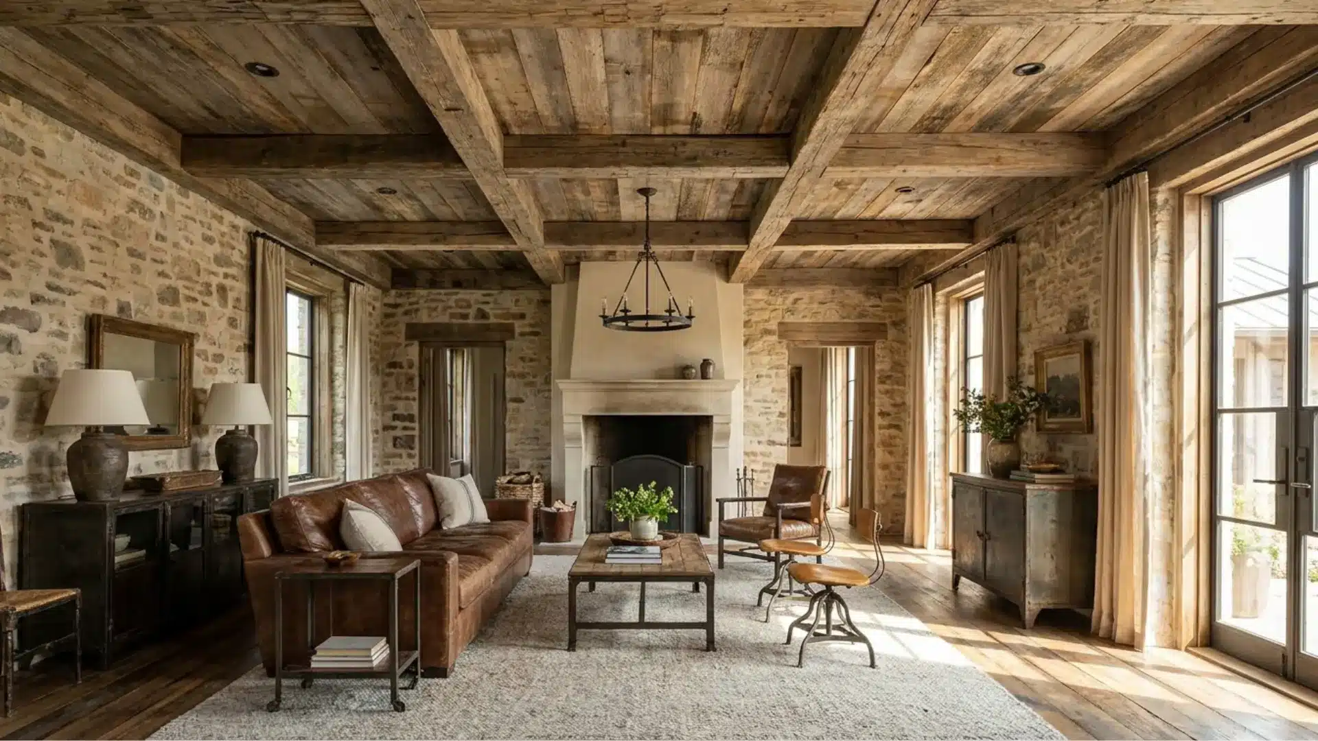 rustic room featuring a weathered reclaimed wood coffered ceiling