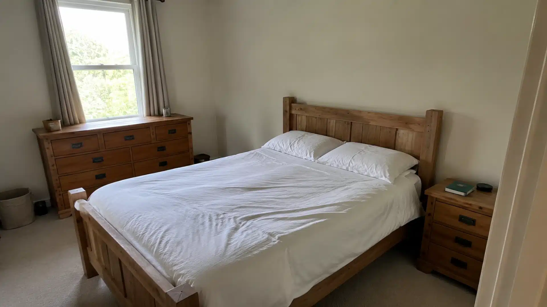 rustic wood plank headboard paired with matching wood dresser in neutral bedroom