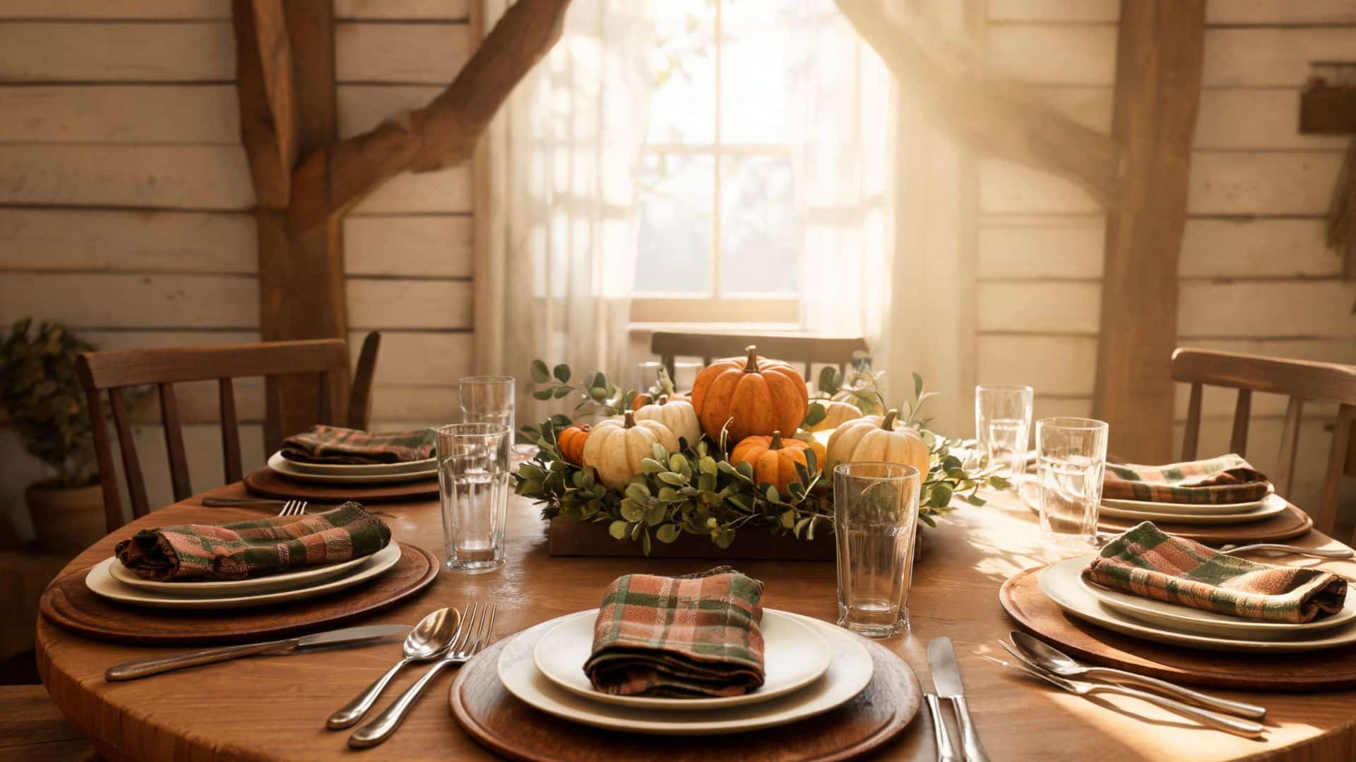 rustic wood table with plaid napkins, wooden chargers, and a mixed pumpkin and greenery centerpiece