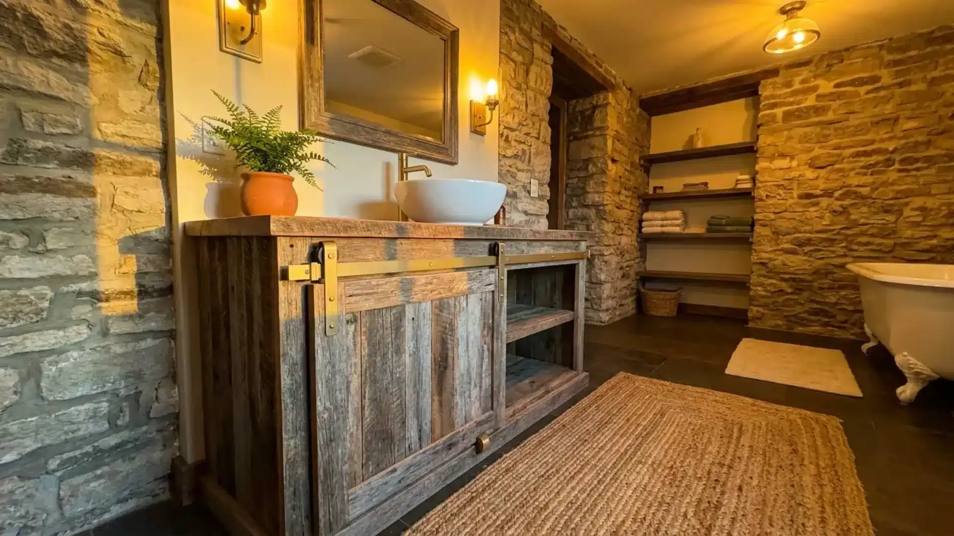 rustic wood vanity with sliding barn door hardware round sink and potted fern nearby