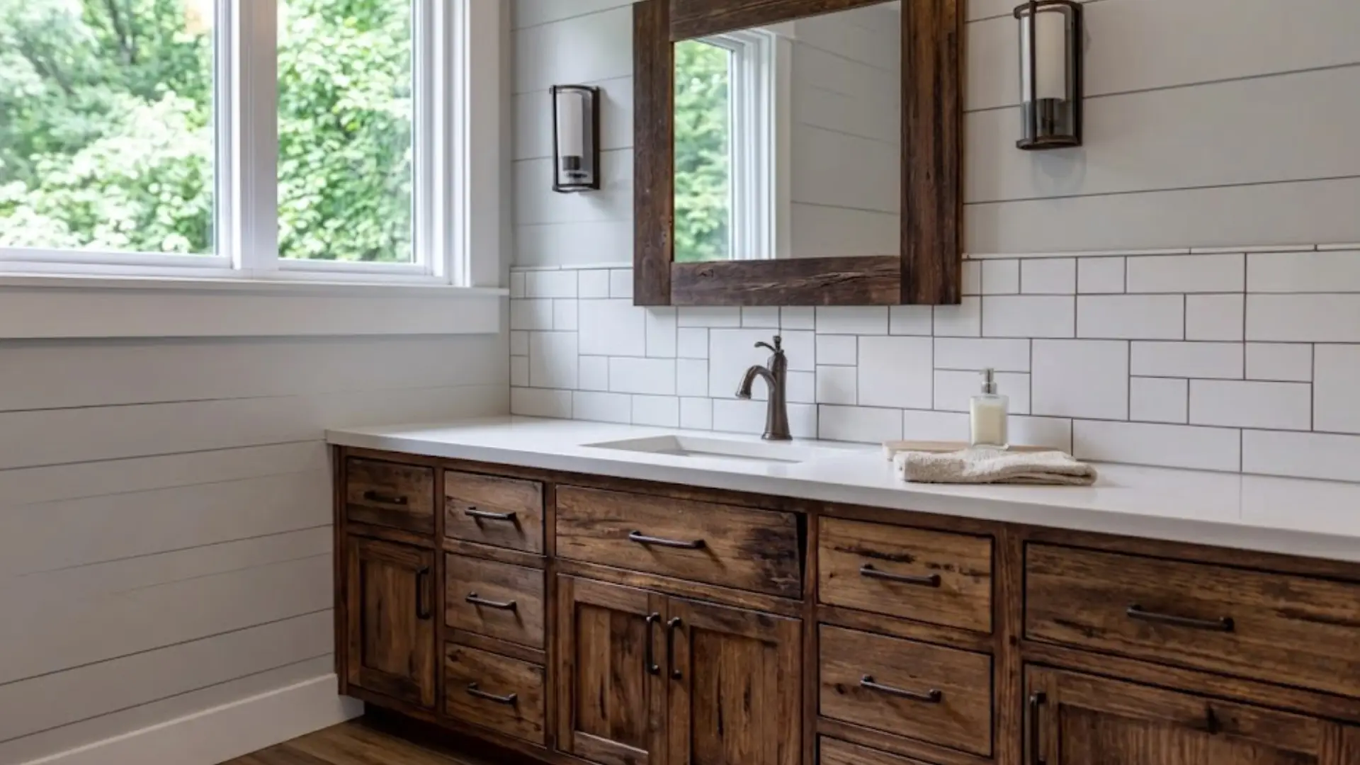 rustic wood vanity with white countertop, subway tile, and wood-framed mirror in a farmhouse bathroom