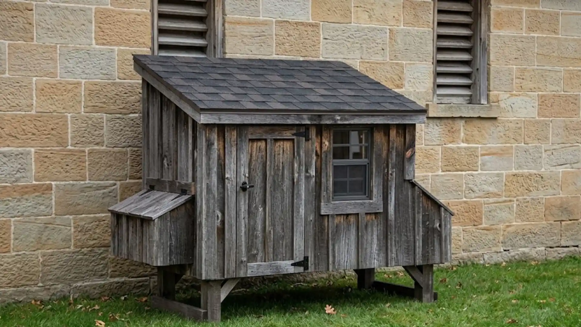 rustic wooden chicken coop with a sloped shingle roof, nesting boxes, window, and raised legs beside a stone wall