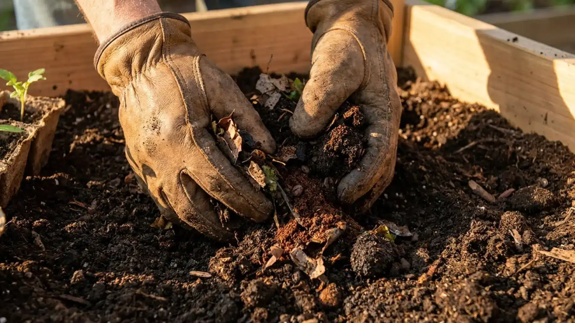 gloved gardener mixes organic compost into a raised bed to make soil more acidic