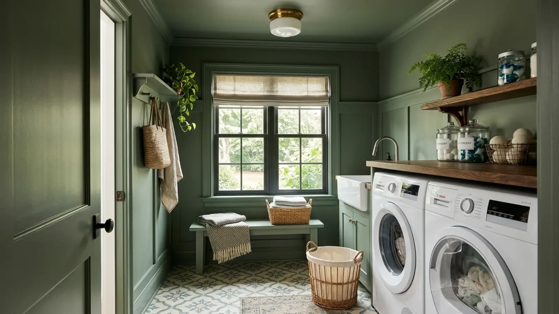 sage green color-drenched laundry room with matching walls, trim, and ceiling paint