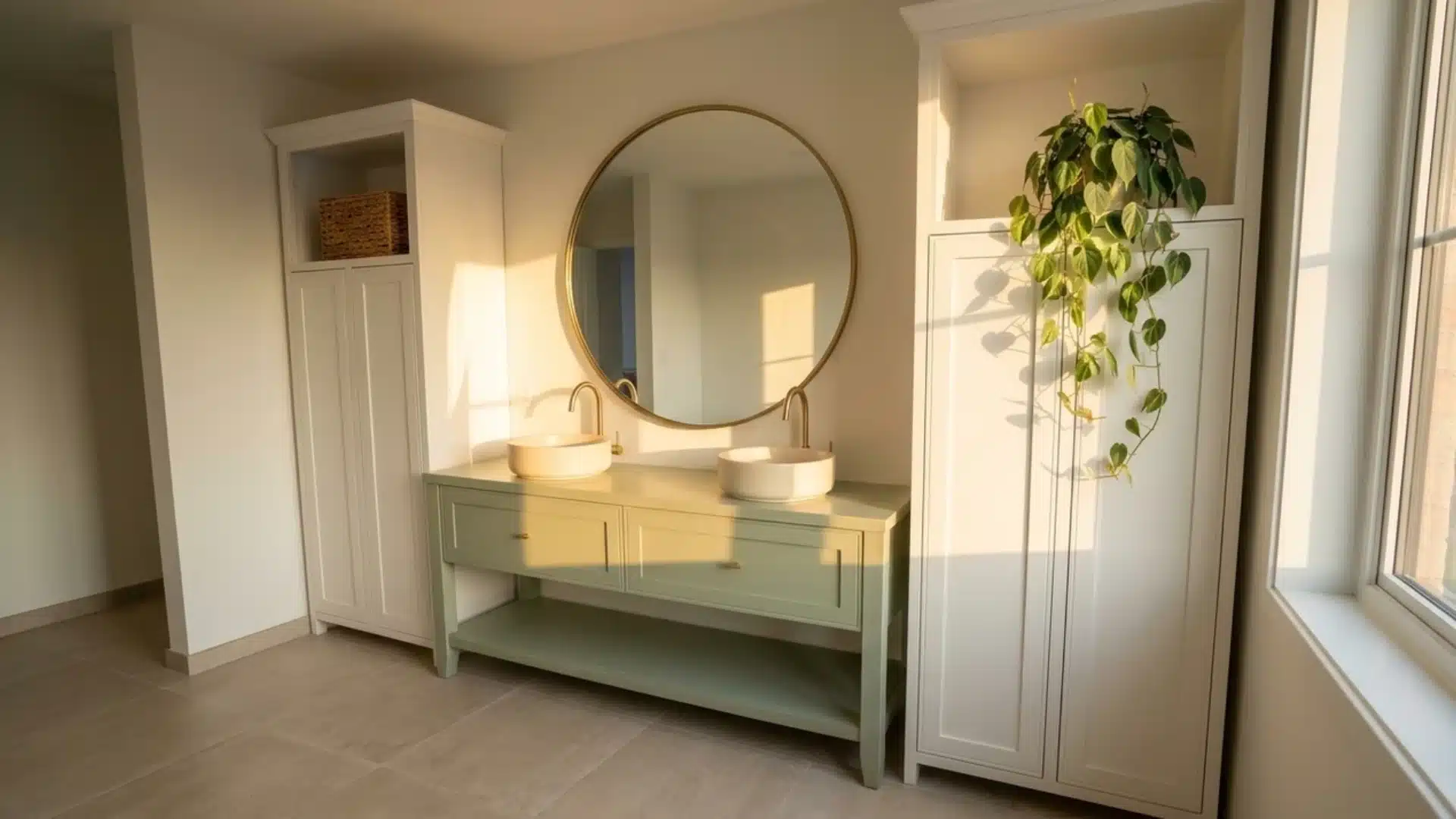 sage green double sink vanity flanked by tall white storage towers with round mirror and plant