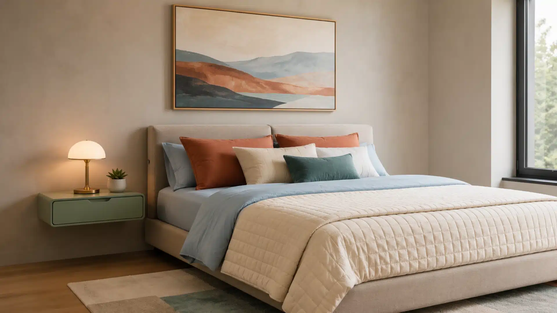 sage green floating nightstand with a lamp on top in a naturally lit room