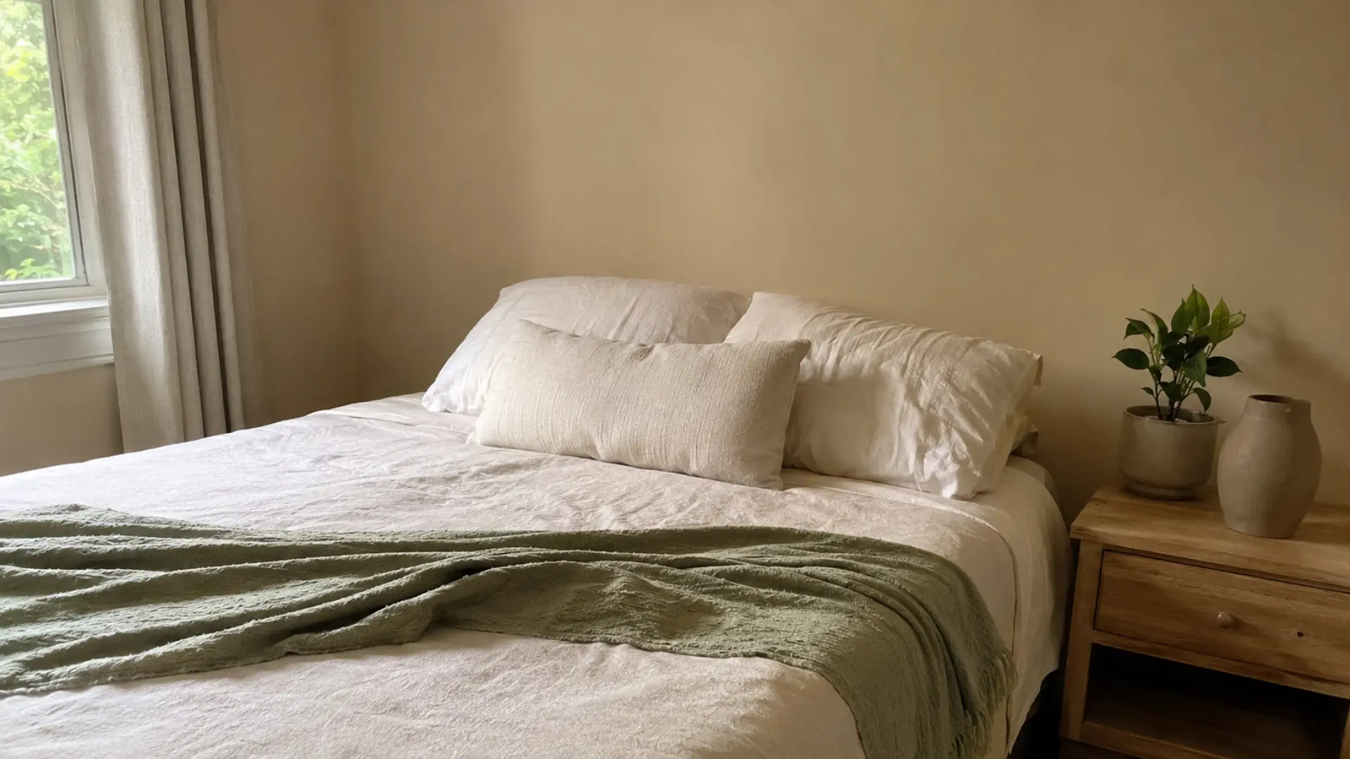 sage green throw blanket layered on white linen bedding in a warm neutral bedroom
