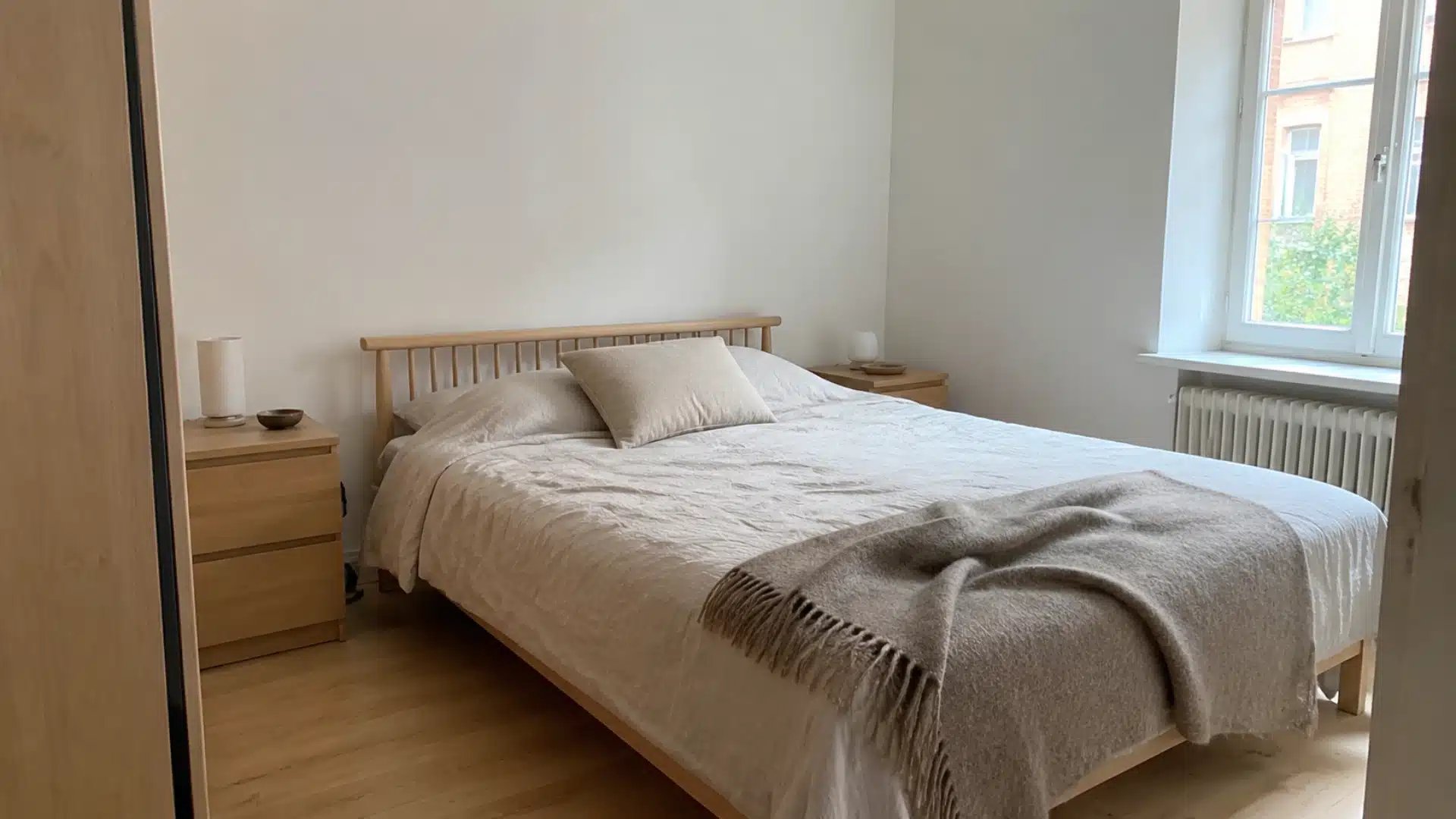 scandinavian bedroom with light spindle bed frame and warm oatmeal bedding