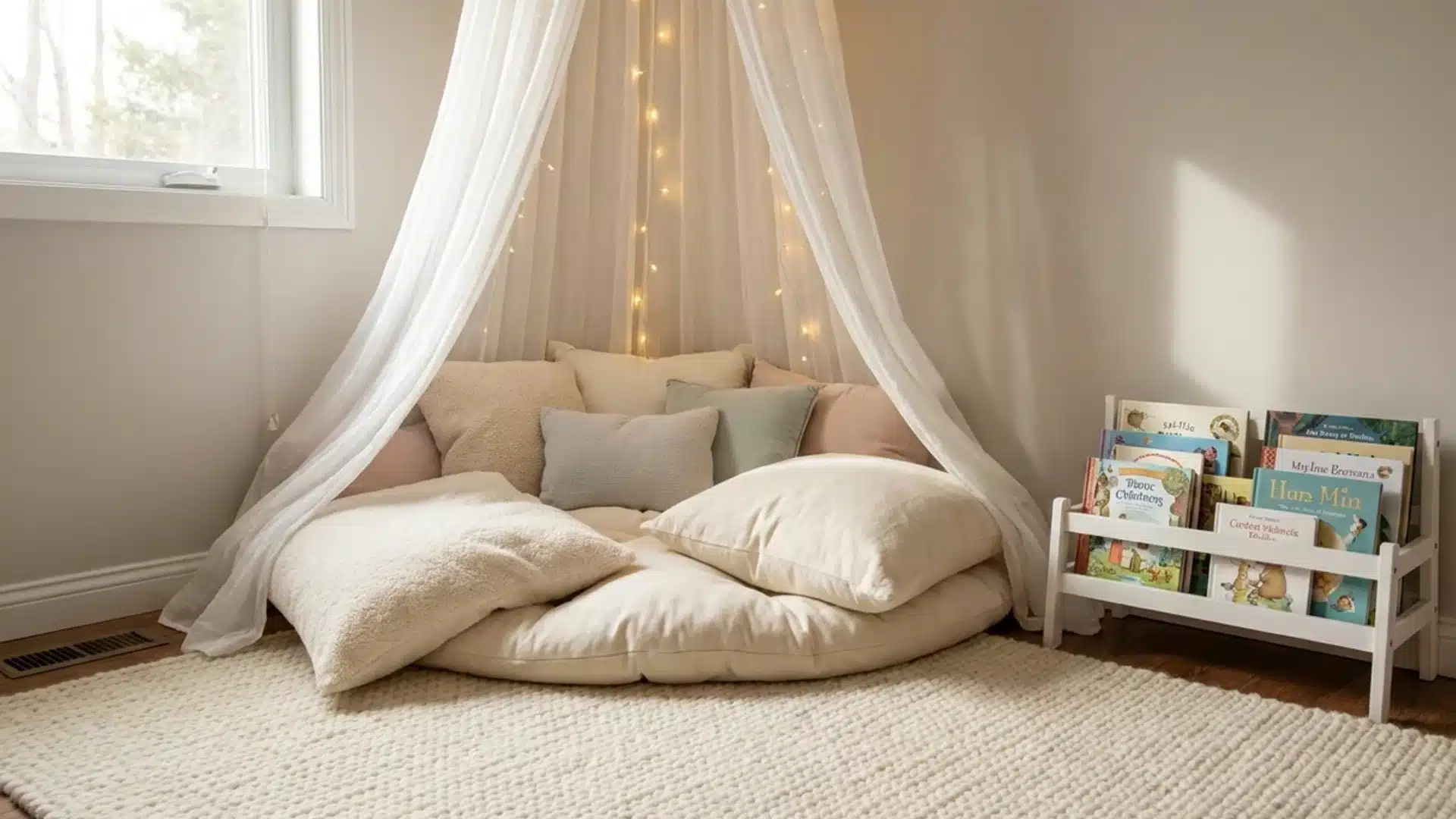 sheer white canopy draped over floor cushions with pillows beside a bookshelf and string lights