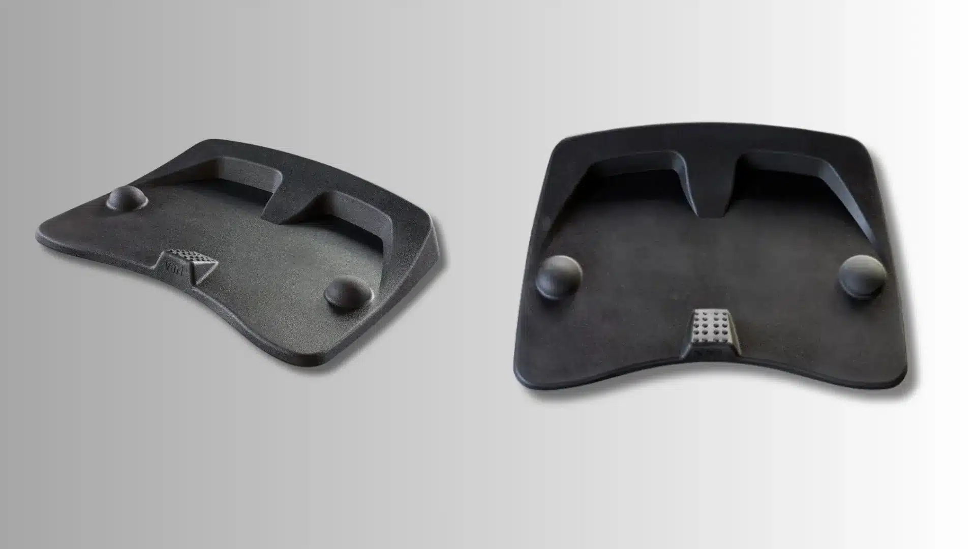 side and top views of black, multi-textured office balance board mat