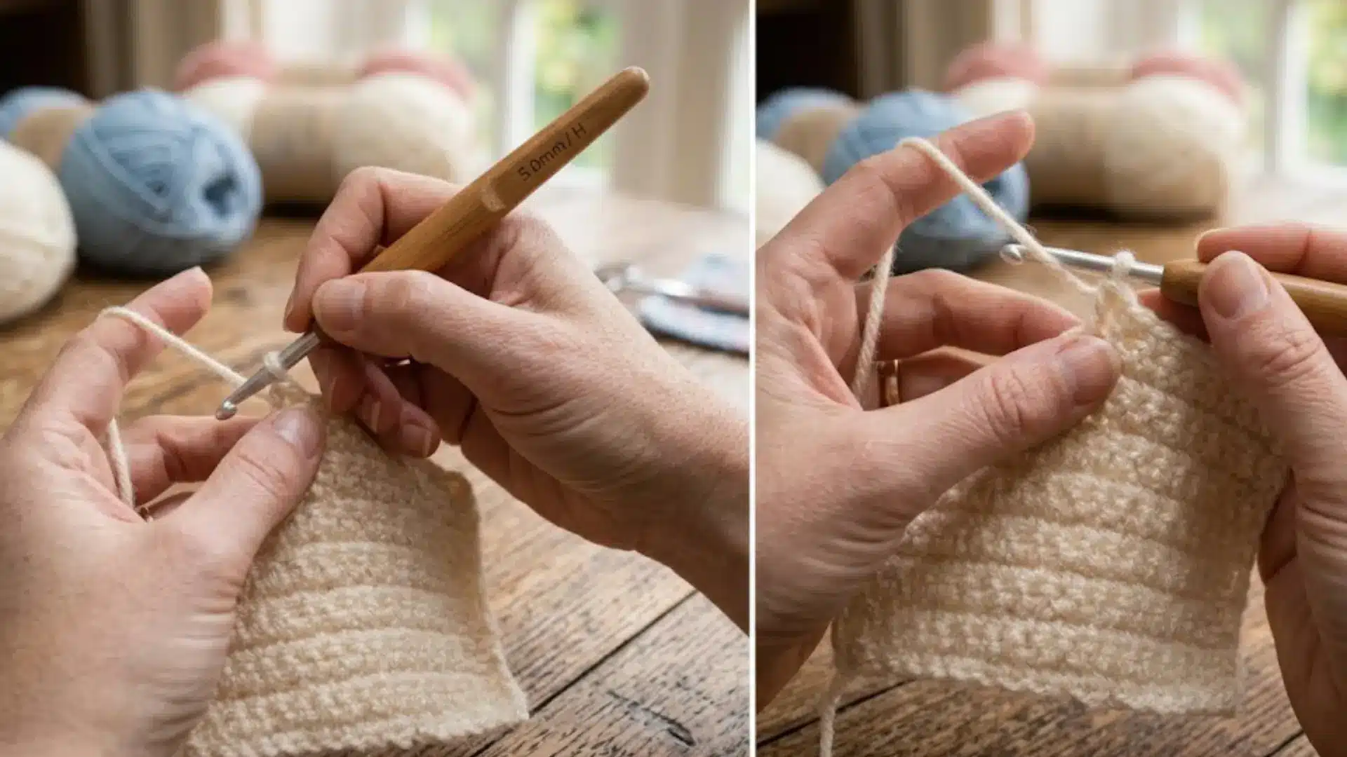 side by side view of pencil grip and knife grip while holding a crochet hook for beginners