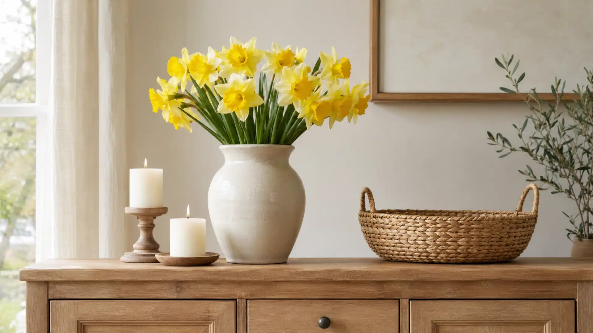 sideboard styled with fresh daffodils candles and a woven basket
