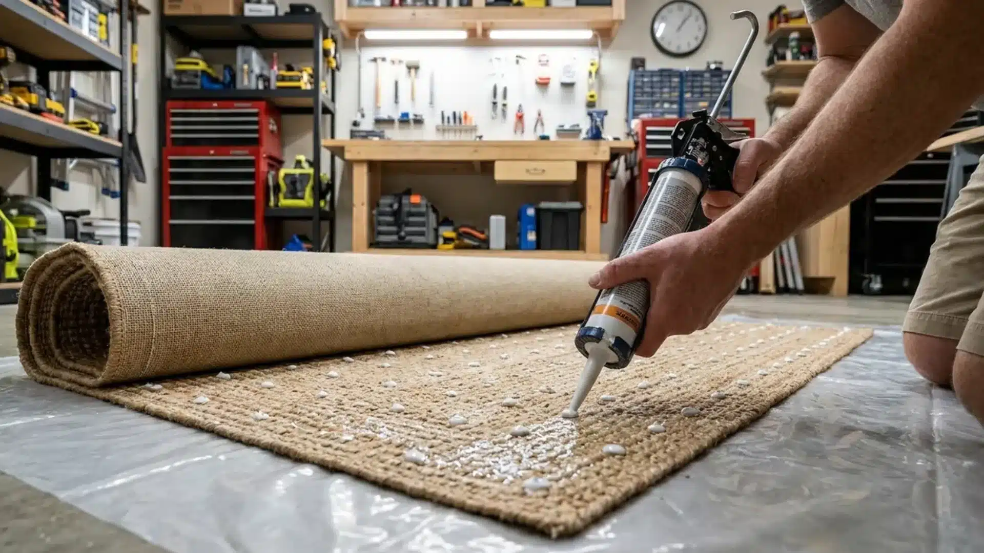 silicone caulk dots applied to underside of rolled back jute rug