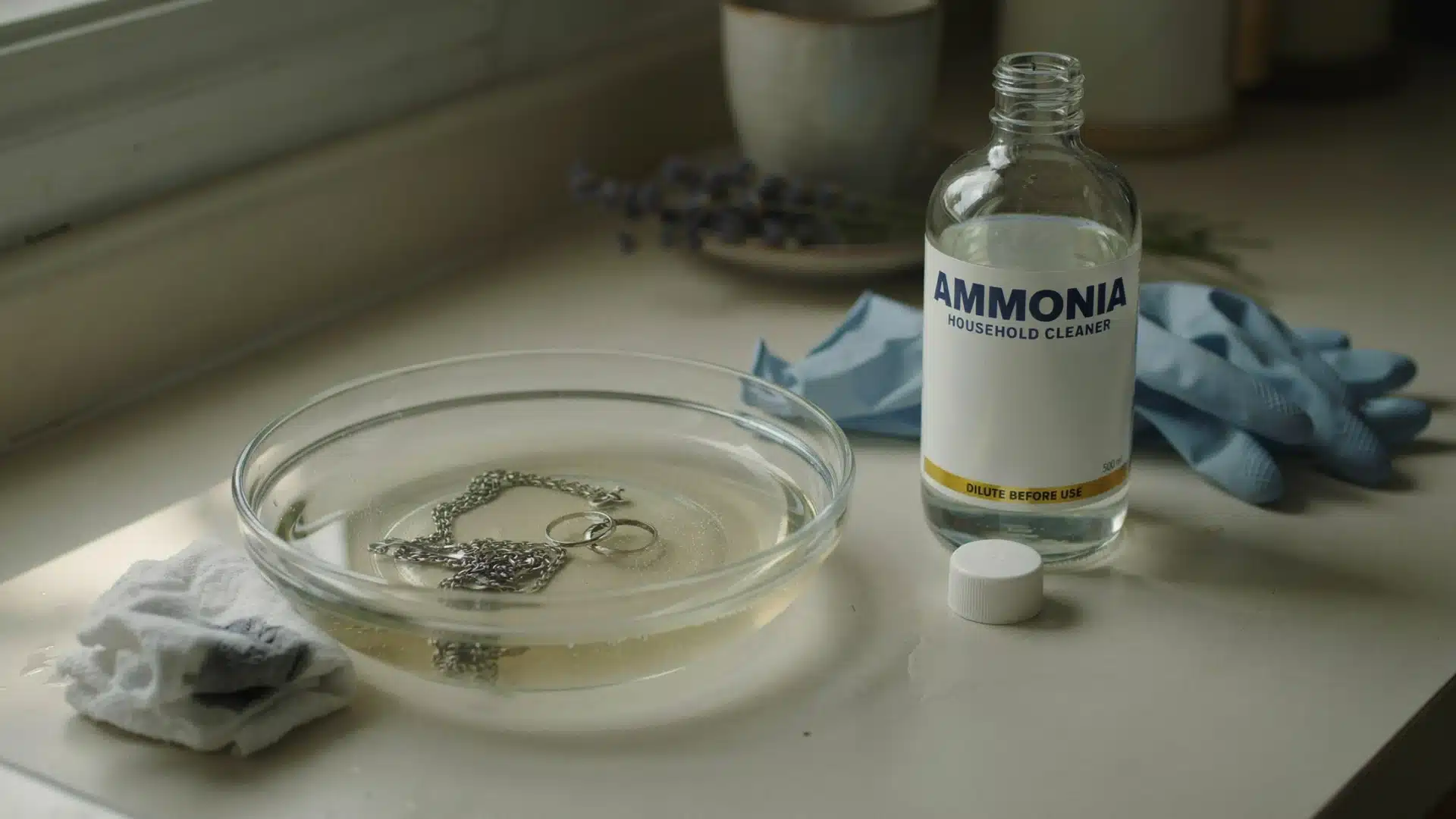 silver jewelry soaking beside household ammonia, gloves, and a cleaning cloth