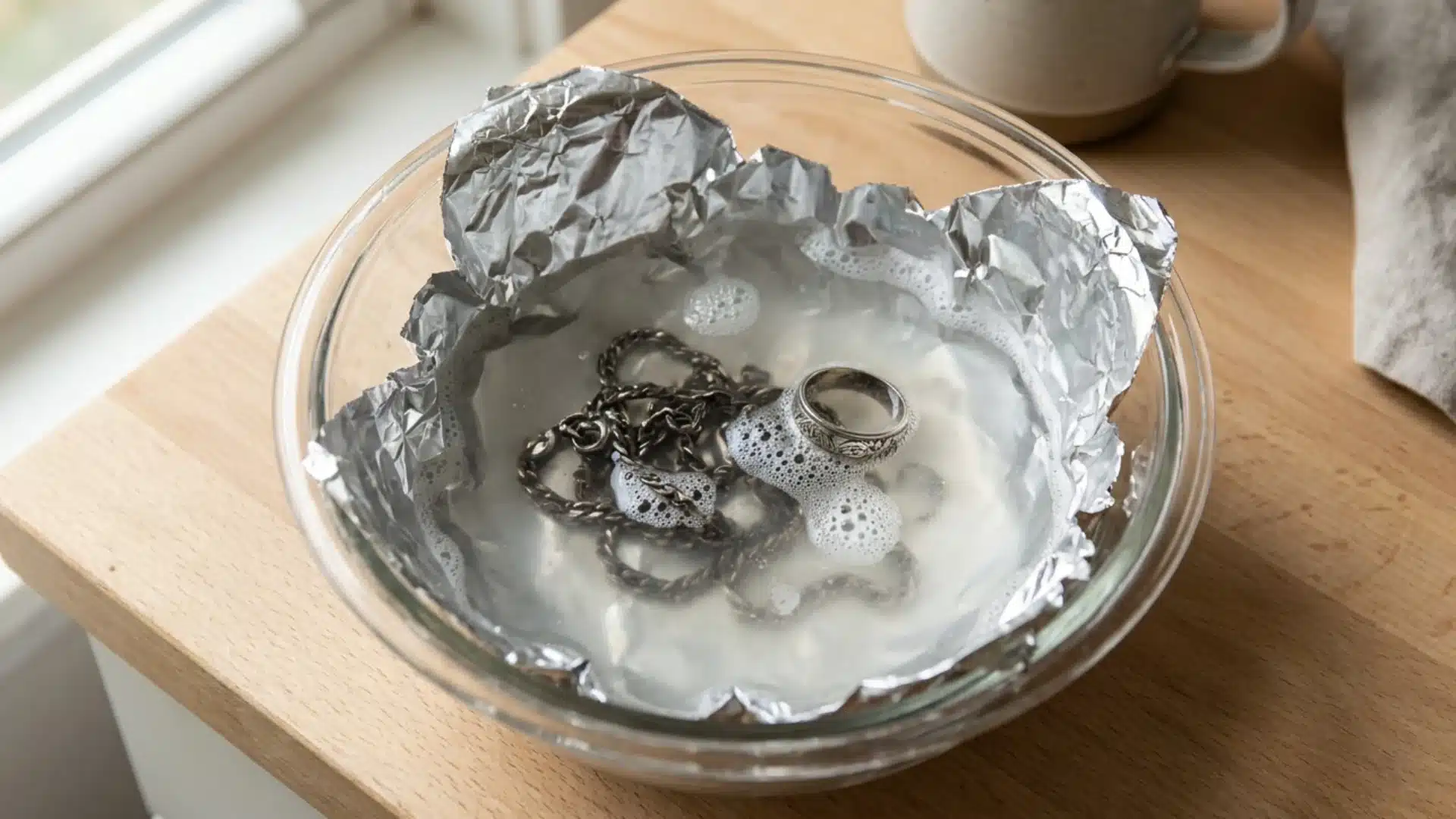 silver jewelry soaking in a foil lined bowl with a baking soda cleaning solution