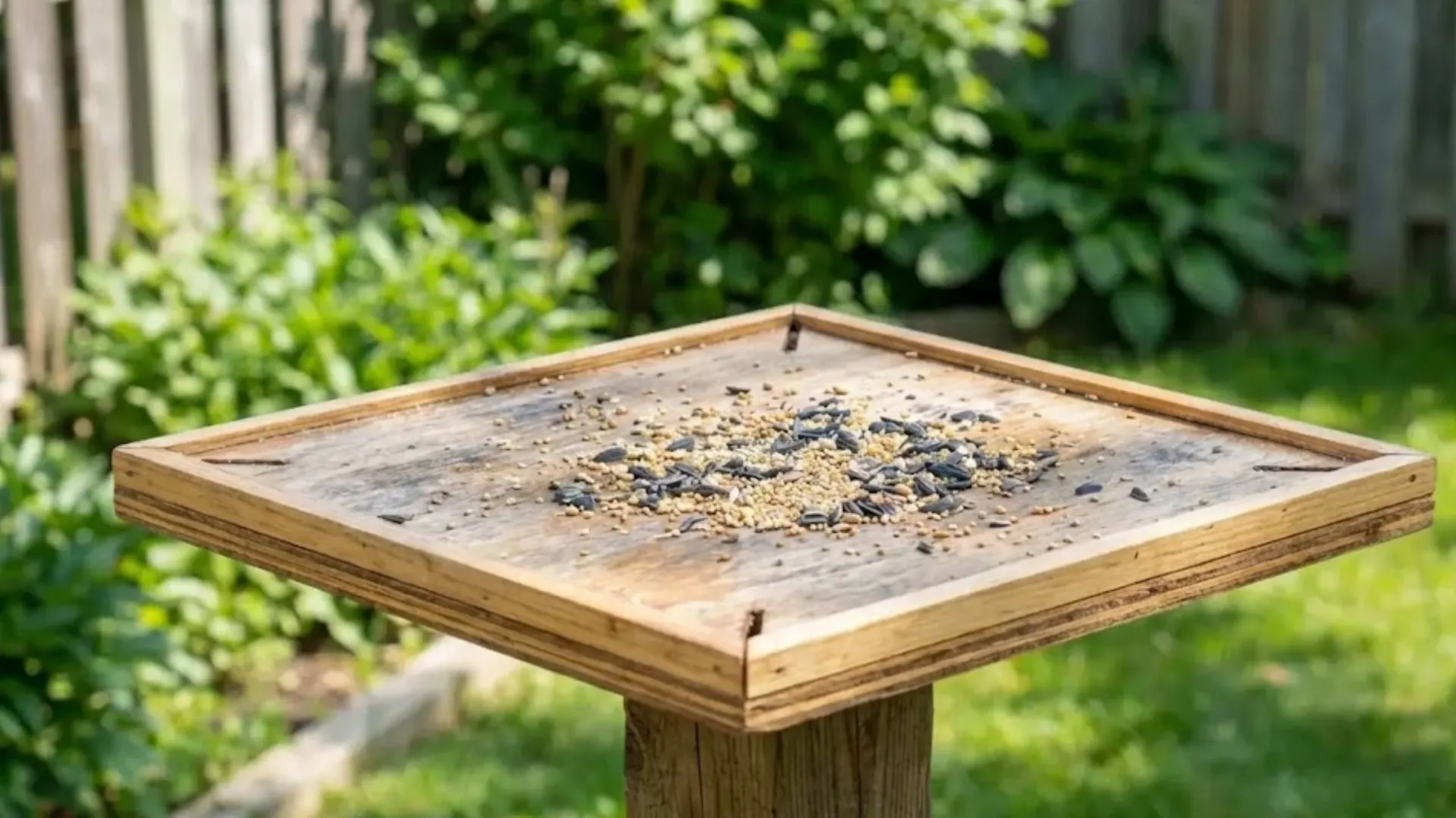 simple wooden platform bird feeder filled with mixed seeds in a green backyard garden