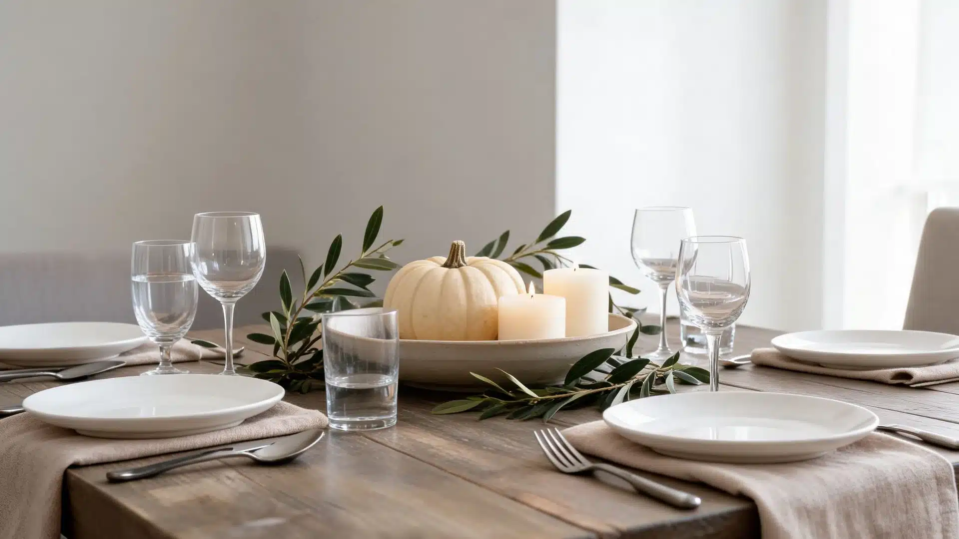 single cream pumpkin with olive branches and candles in a shallow bowl centerpiece