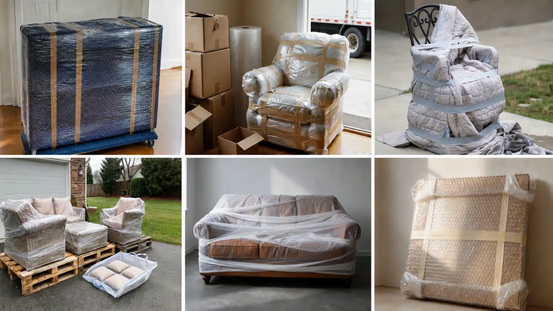 Six-photo grid of wood, upholstered, metal, patio, leather, and glass furniture wrapped for moving.