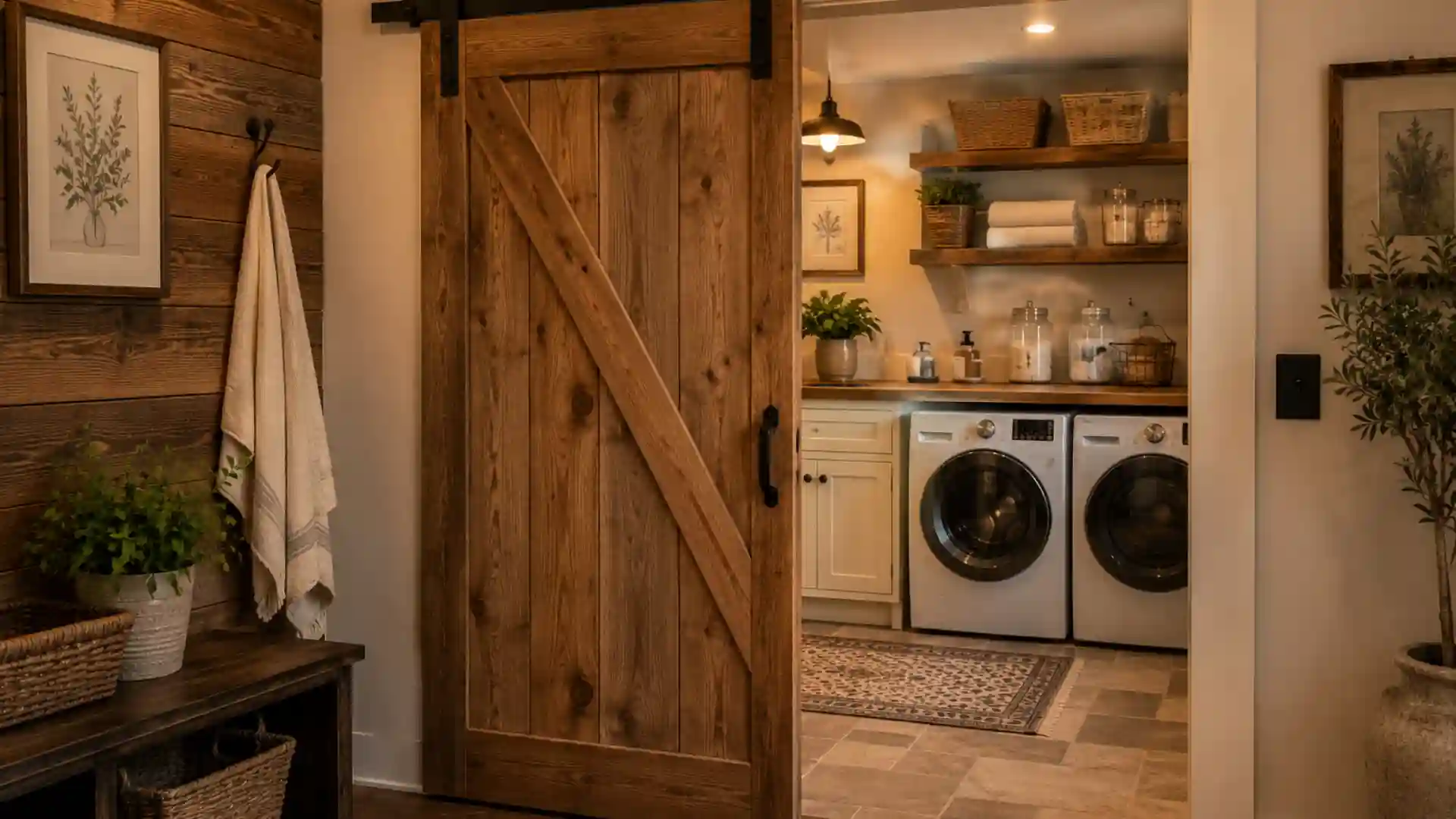 sliding barn door with black hardware opening into a cozy laundry room with open shelving