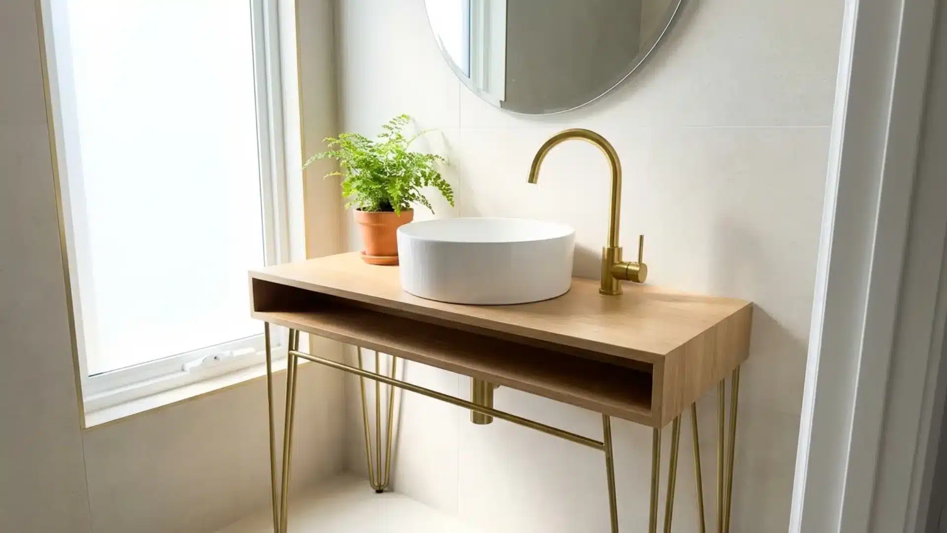 slim wood console table vanity with hairpin legs round sink gold faucet and potted fern