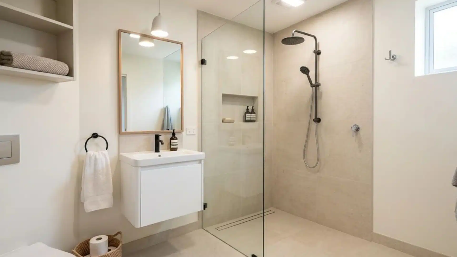 small beige bathroom with a sink, mirror, and curbless shower with a glass panel