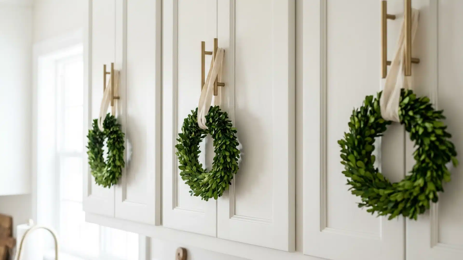 small boxwood wreaths tied with ribbon on kitchen cabinet handles