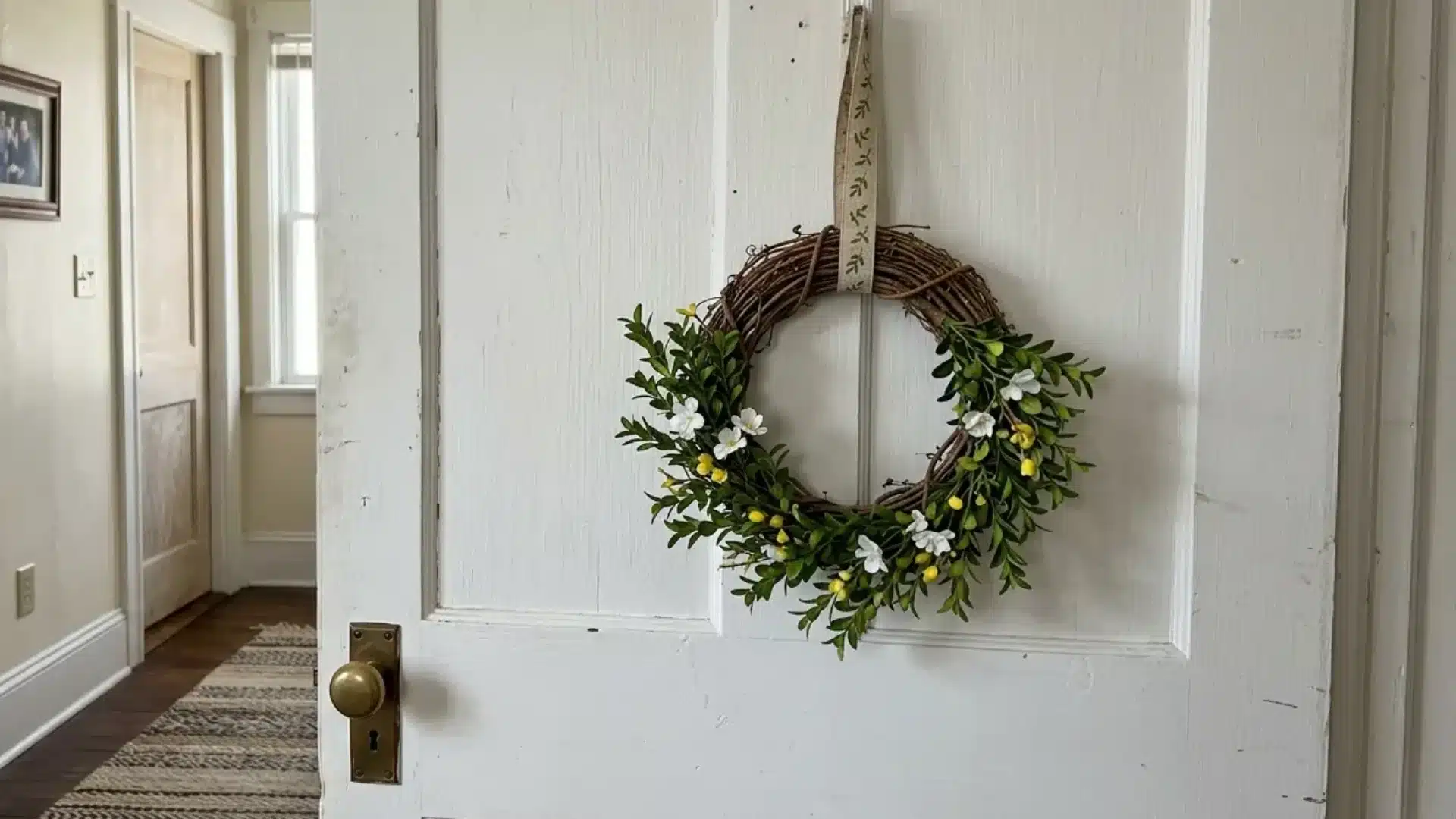 small spring wreath of grapevine and boxwood hanging at eye level on a bedroom door