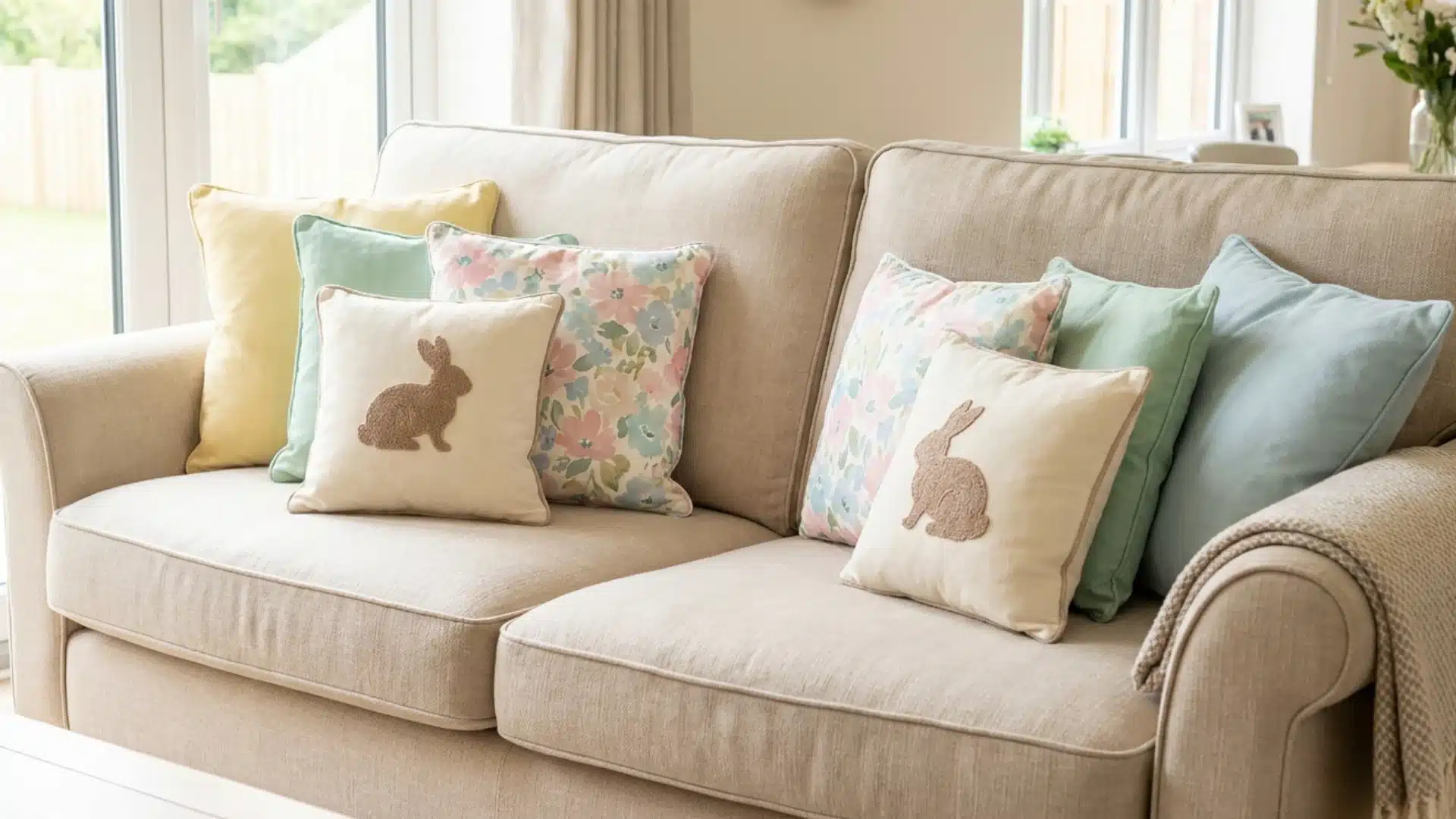 sofa styled with bunny silhouette and floral easter throw pillows