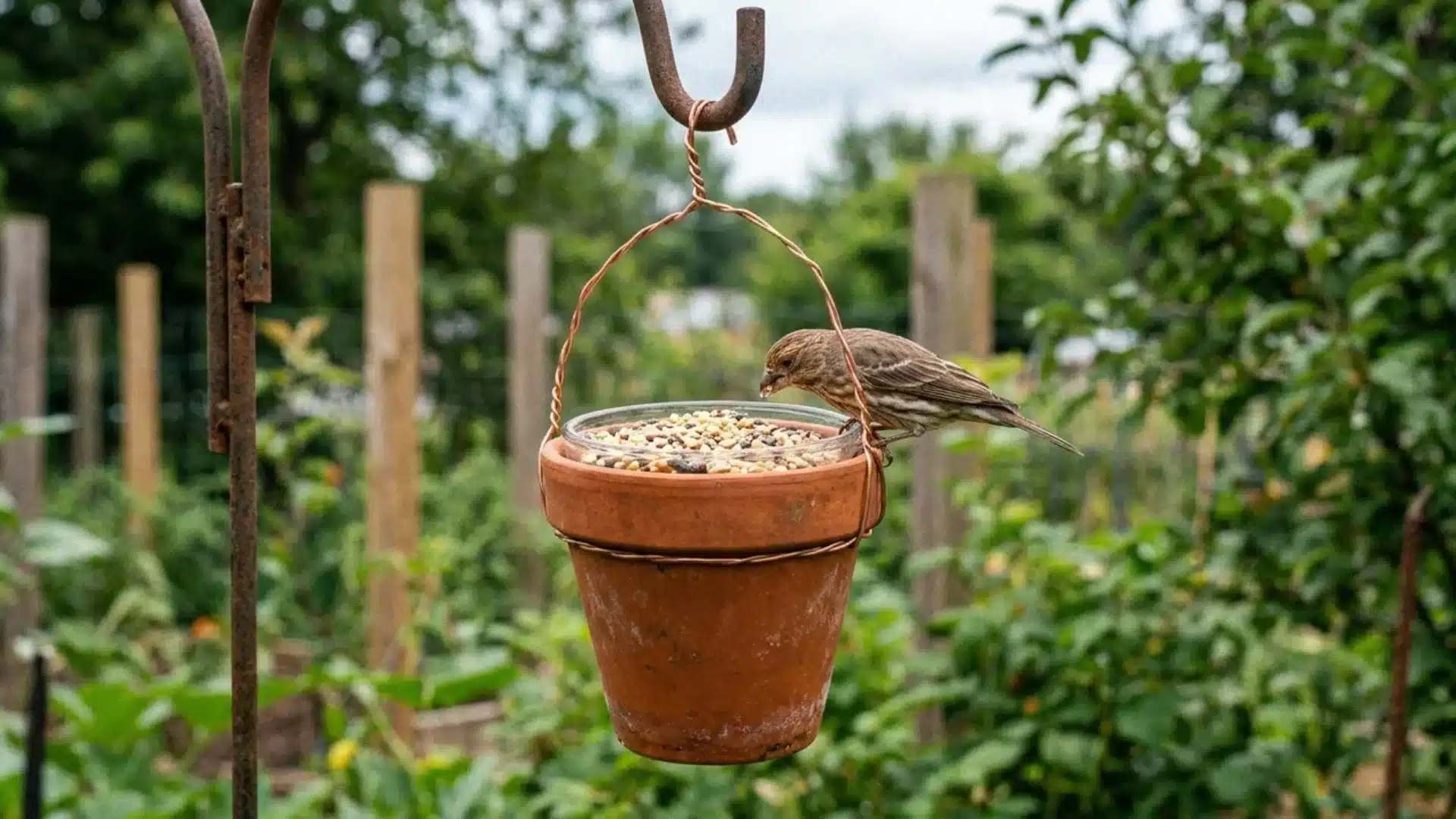 sparrow eating birdseed from a glass jar set inside a hanging terra cotta pot