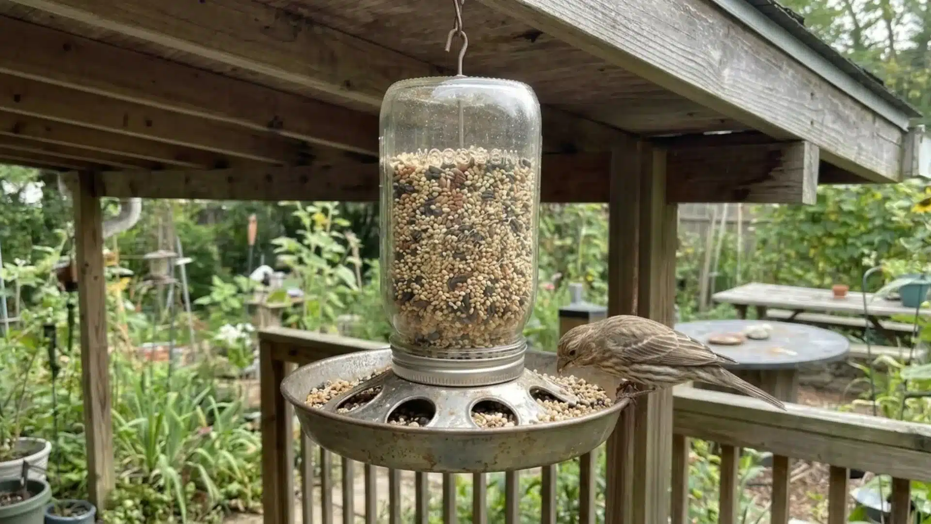 sparrow eating birdseed from a mason jar feeder with a metal tray base