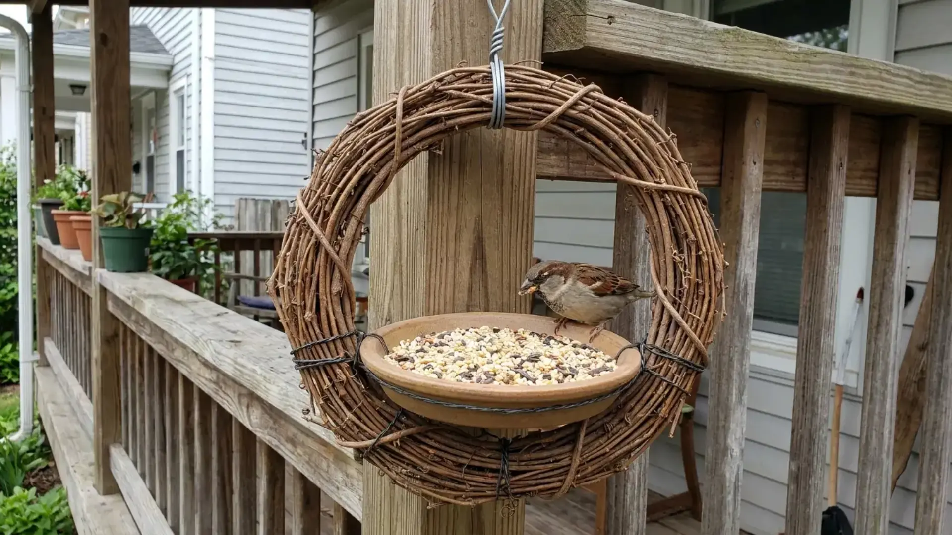 sparrow eating birdseed from a terra cotta dish secured inside a grapevine wreath feeder