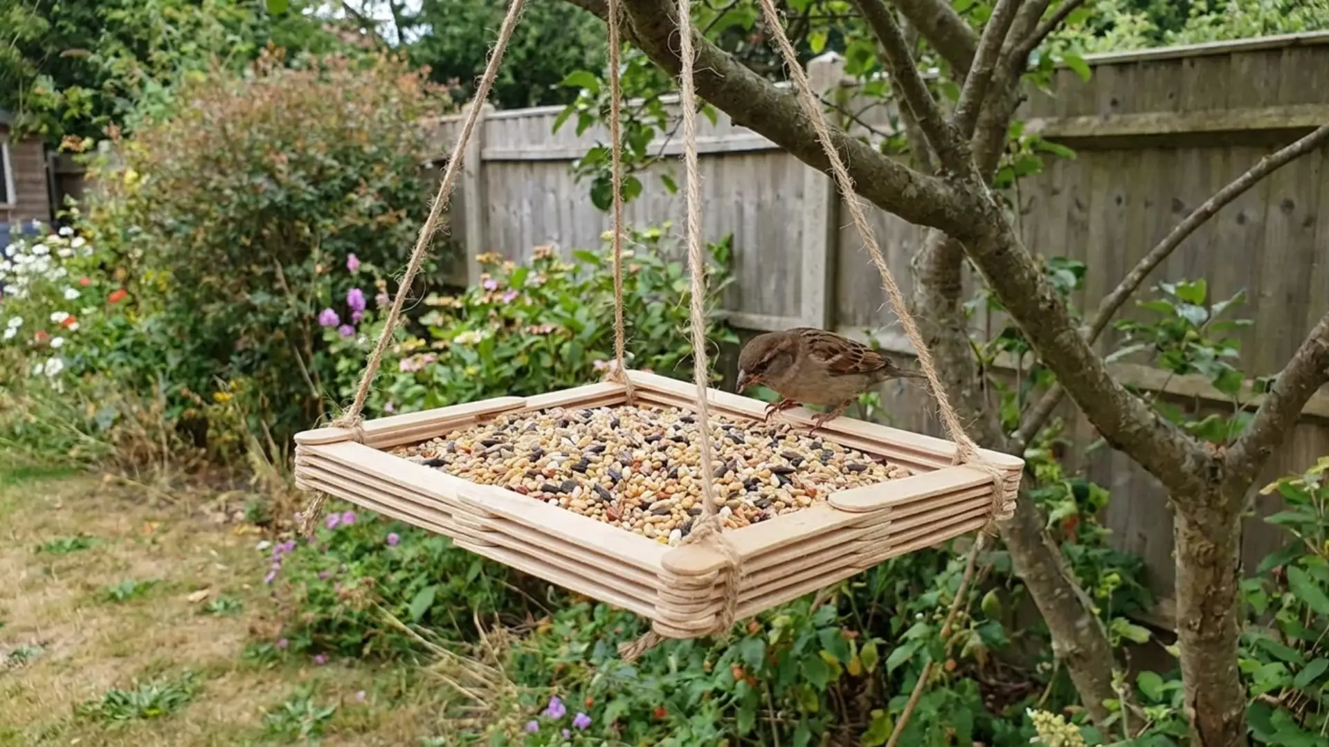 sparrow eating birdseed from a wooden popsicle stick platform bird feeder