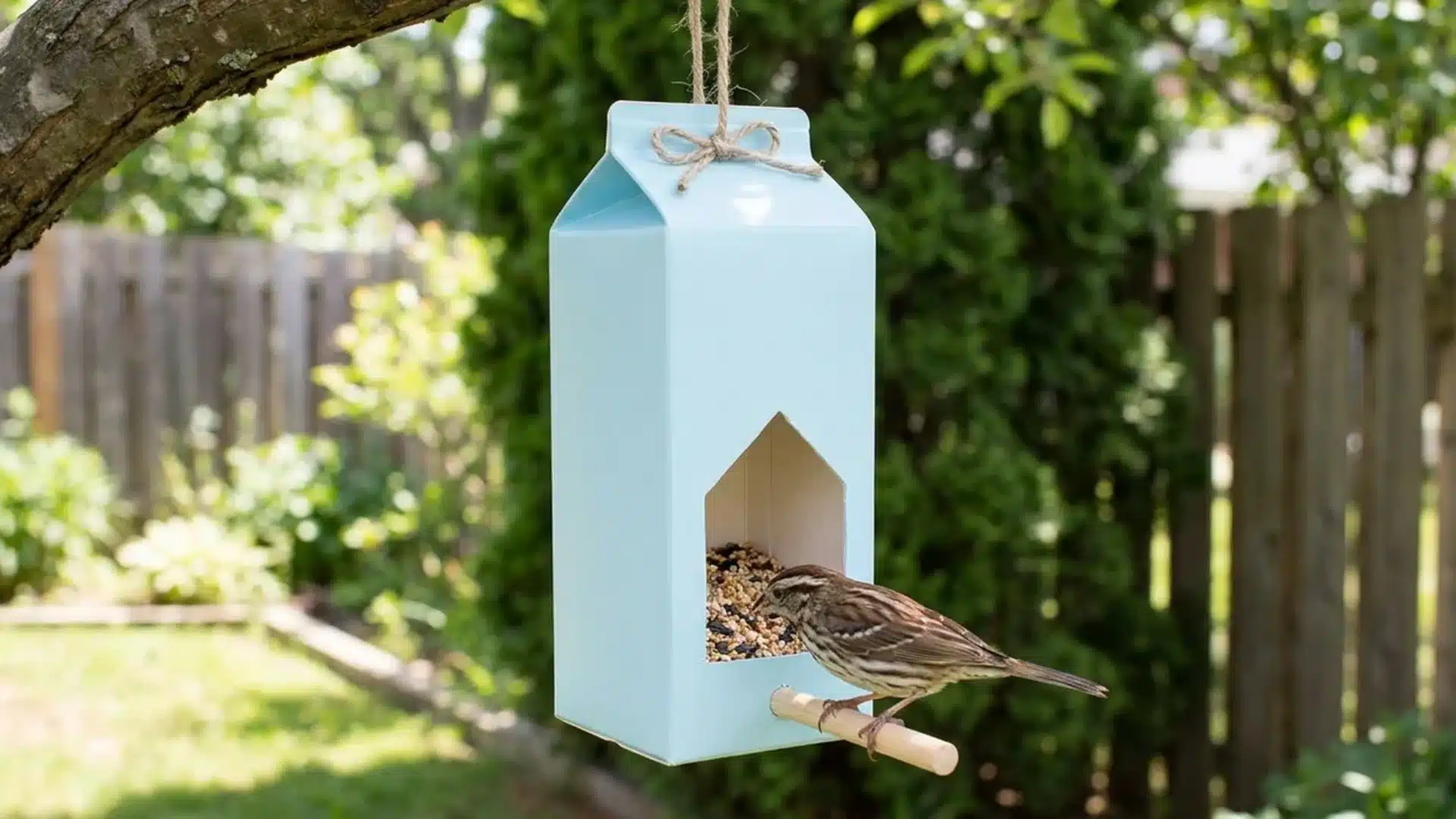 sparrow perched on a light blue milk carton bird feeder filled with seed